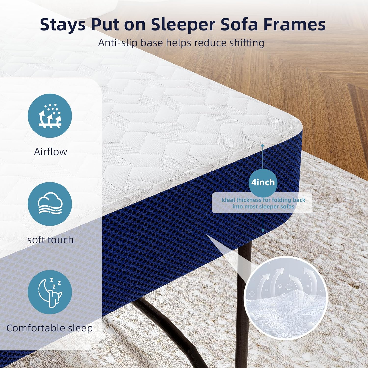 Lunarflex 4 Inch Full Pull Out Couch Mattress Replacement, Memory Foam Sofa Mattress with Washable Zipper Cover, Non Slip Base, Supportive Guest Bed, 72 x 53 x 4 in