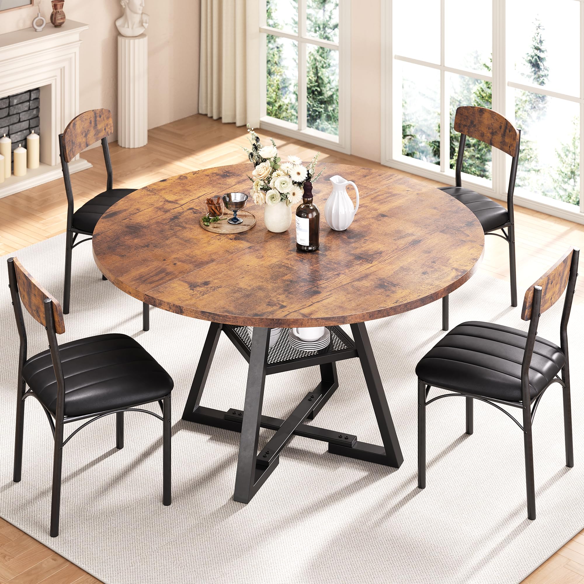 Jocoevol Runder Esstisch und 4 Esszimmerstühle Set, Essgruppe 5-Teilig, Esszimmertisch mit Ablage und 4 stühle für Küche, Wohnzimmer, Balkon, Restaurant, Büro (Vintage Braun, 120x120x76cm)