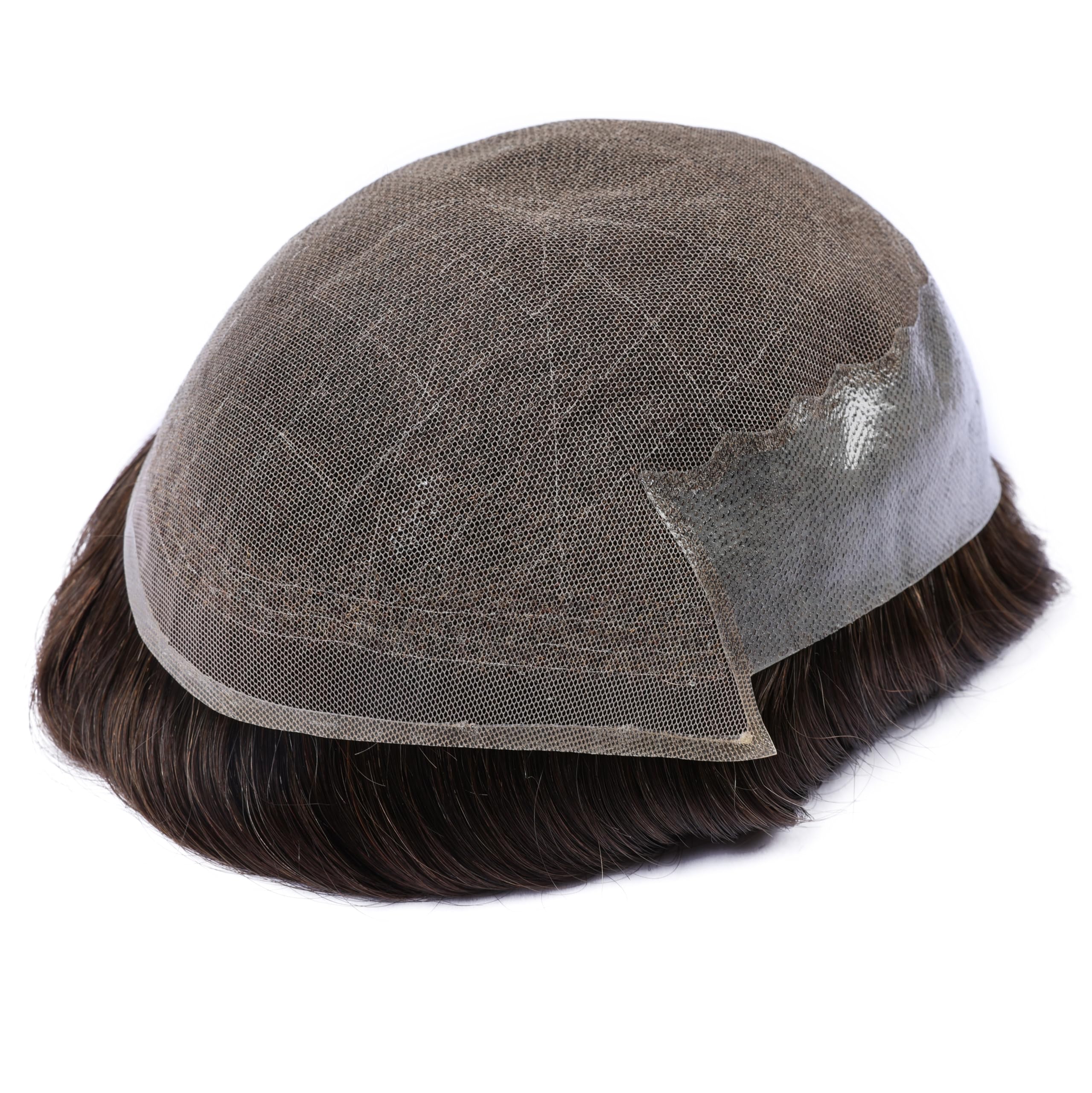 Human Hair Toupee for Men 8x10 Inch Soft French Lace Cap with 2 inch Clearly PU in Back Men's Hairpieces Replacement System Light- Medium density #2(Dark Brown Color)