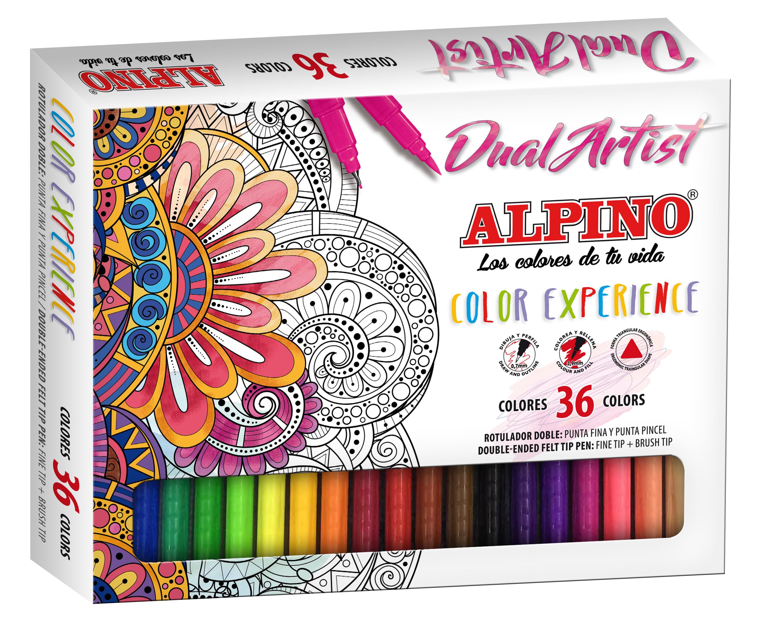 Alpino Color Experience 36 Dual Artist Markers | Dual Tips: Brush Tip and Fine Tip | for Mandalas and Lettering | Marker Kit