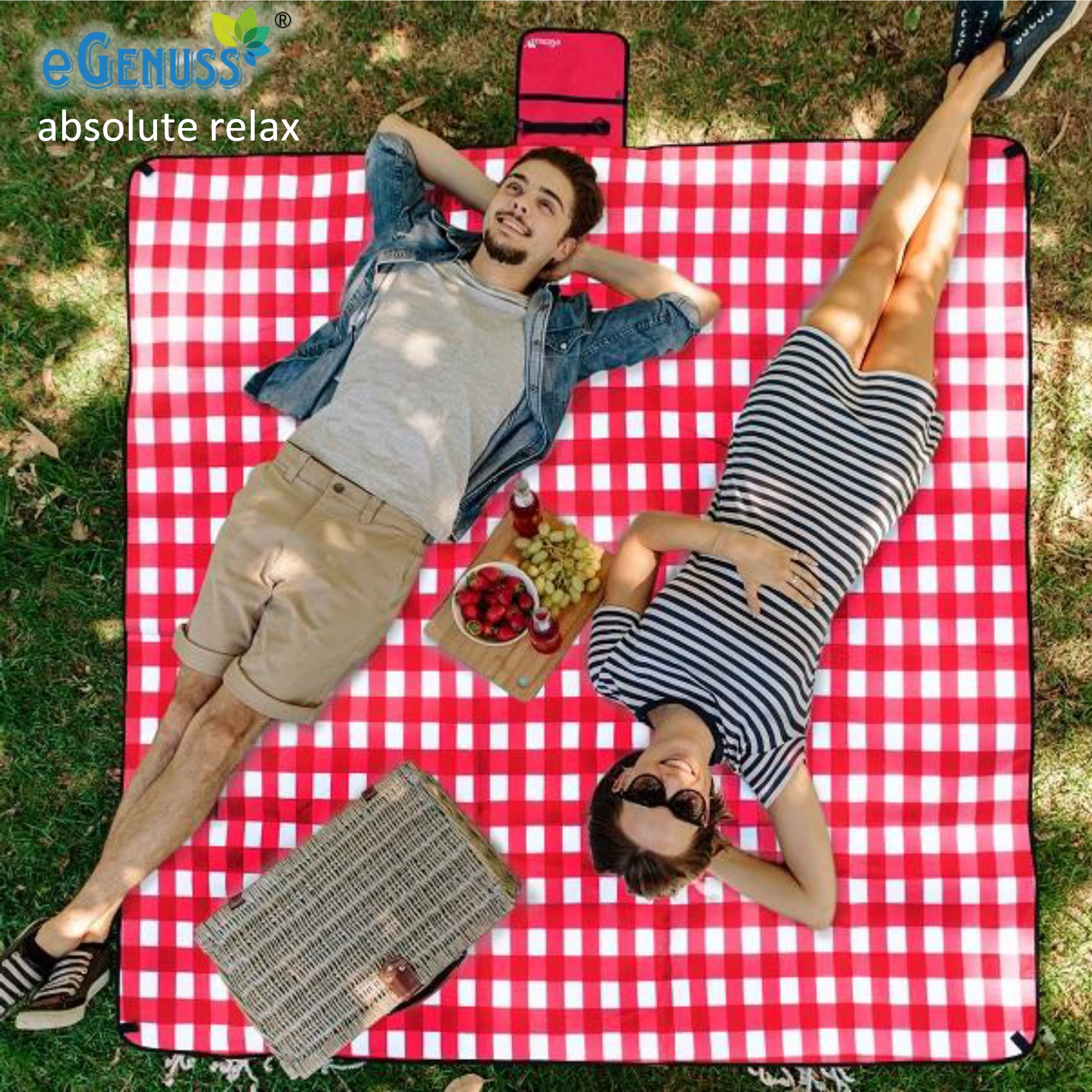 2 Sets Picknickdecke 200x200 cm wasserdicht isolierend abwaschbar faltbar kleines Packmaß | Picknick Strandmatte mit Reißverschlusstasche, Griff und Schulterrieme | Rot