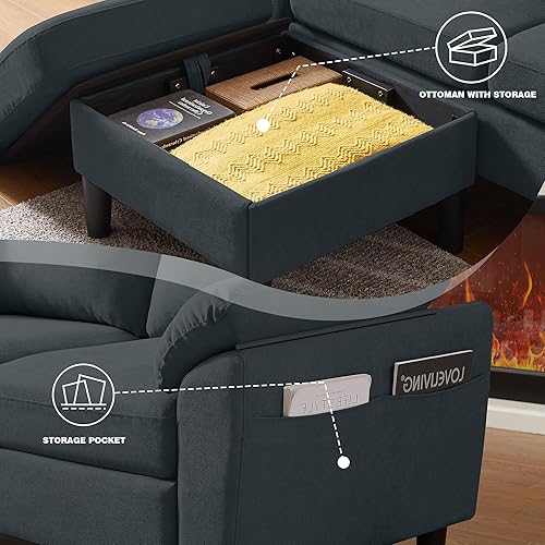 Miniatura 5 de Sofá Seccional Convertible de 79", Sofá Moderno de Lino Pequeño en Forma de L con Chaise Reversible y Otomana de Almacenamiento, Sofá de 3 Asientos