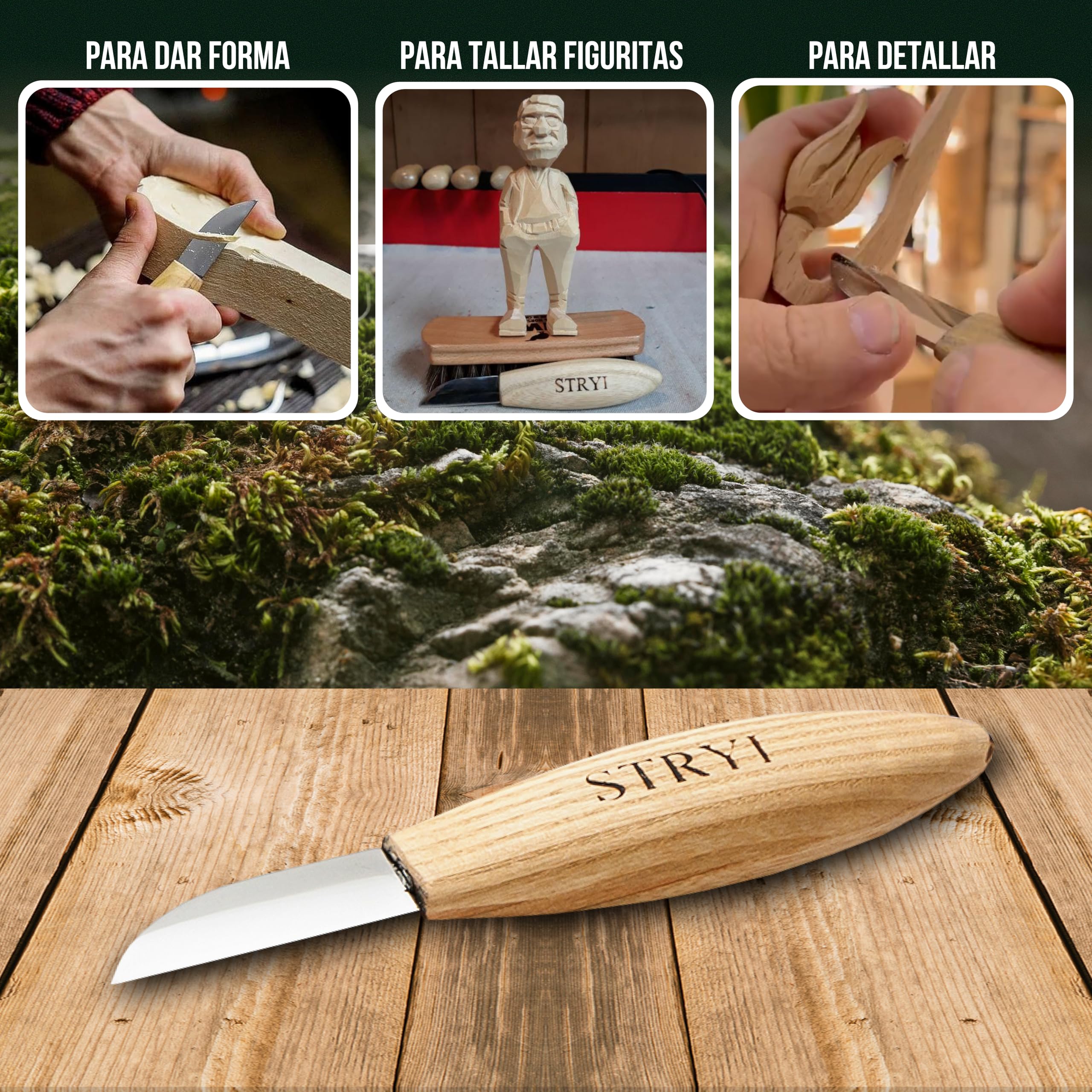 STRYI Cuchillo profesional para tallar 50 mm – Cuchillo Sloyd forjado a mano de acero al carbono – Para tallado en madera, figuras, cucharas y relieves – Mango ergonómico de madera de roble