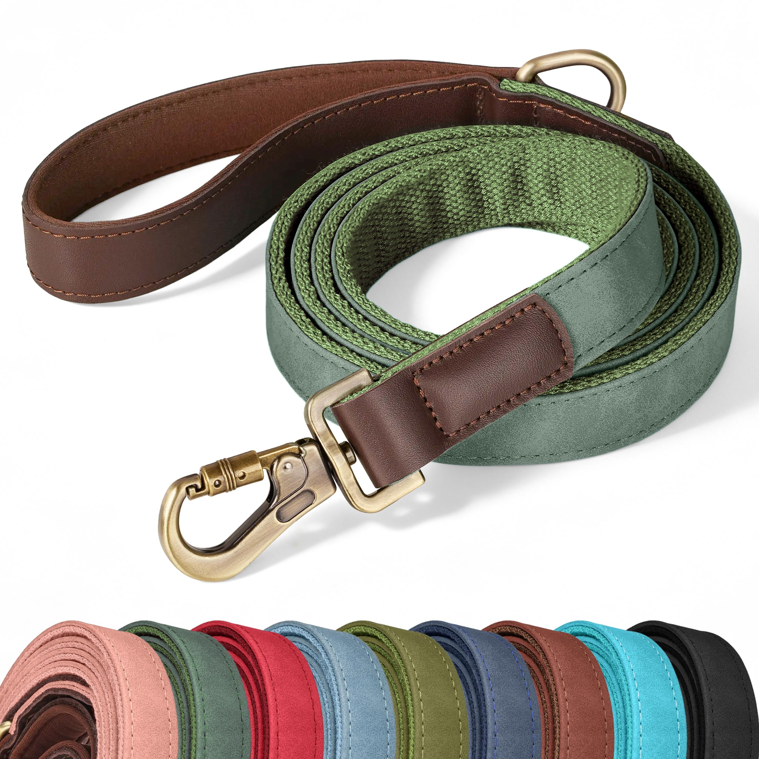 Didog PU Leather Dog Leash for Large Dogs, 6ft Soft Padded Handle, Green