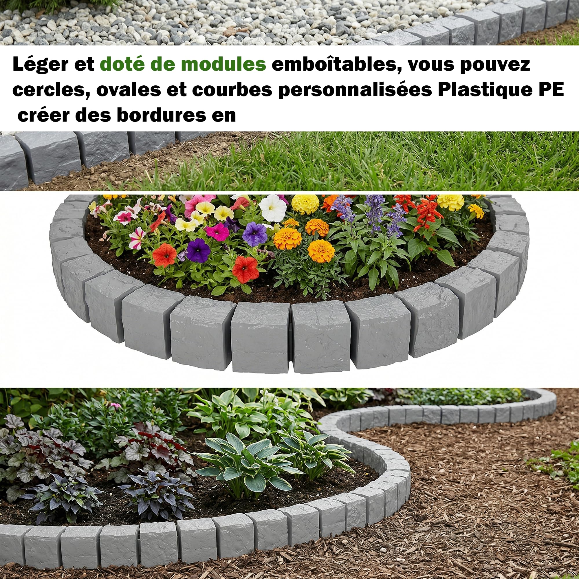 GARDENIX Bordure de pelouse, 2,4 m, Aspect Granit, Anthracite, 10 x 10 x 10 cm, Bordure de Parterre en Plastique, clôture de Jardin, Bordure de Parterre de Fleurs