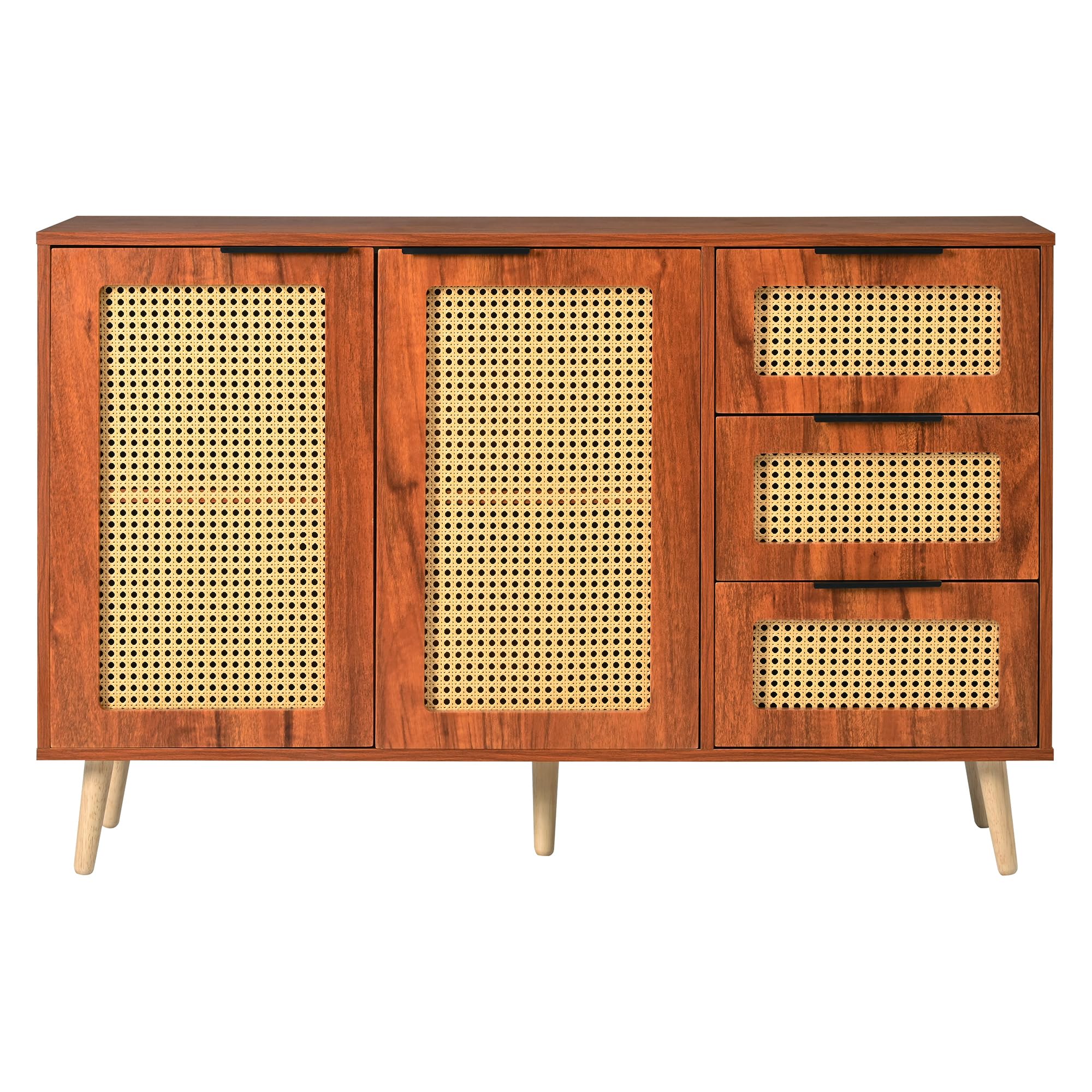 Moimhear Aparador vintage de ratán con 2 puertas y 3 cajones, equipado con asas negras para comedor, cocina y salón (nogal)