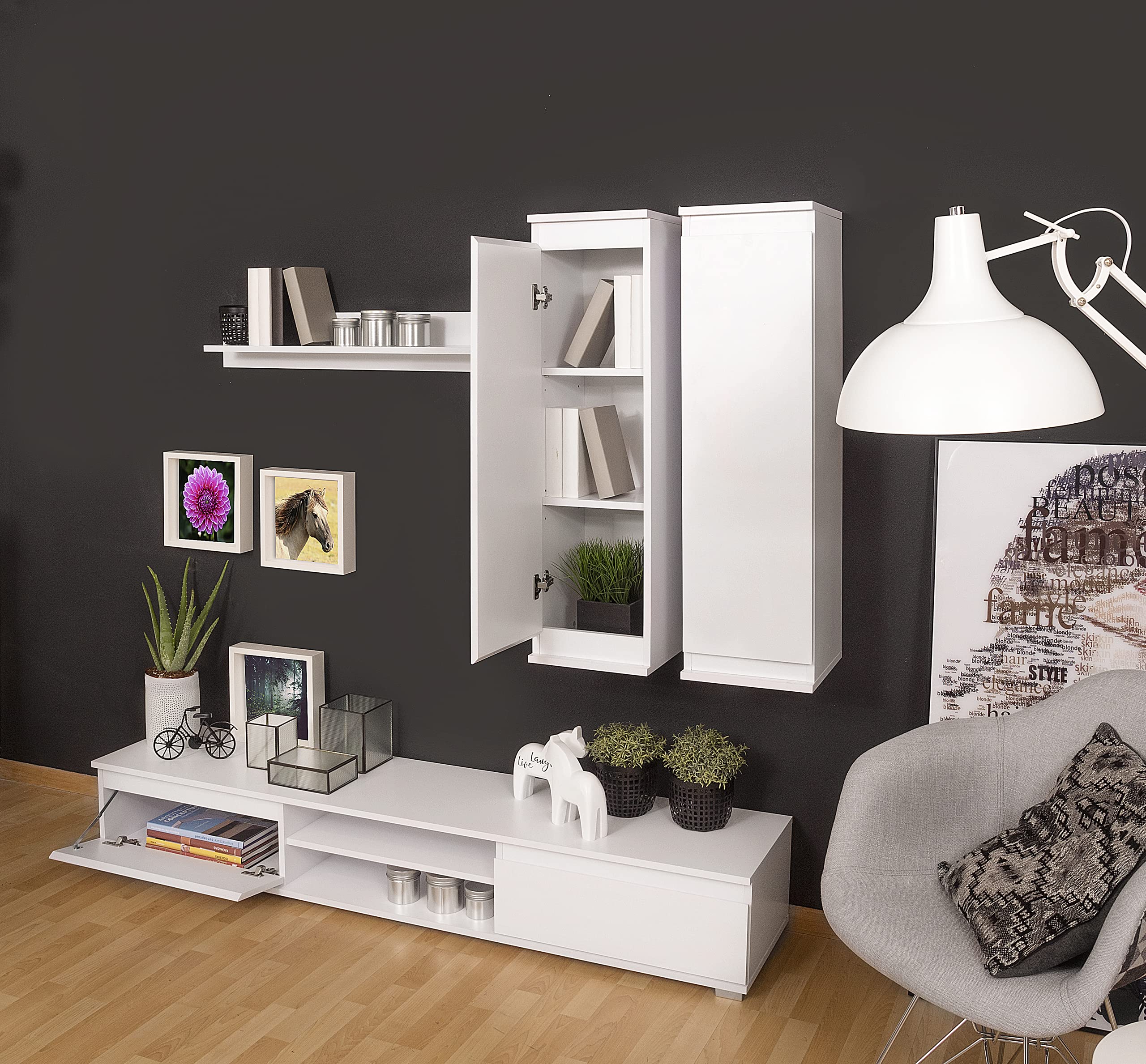 Homely - Mueble de salón modular LUCKY, conjunto de 4 muebles, mueble para televisión, 2 muebles altos y estantería alta, color blanco, medidas conjunto 175x180x37 cm