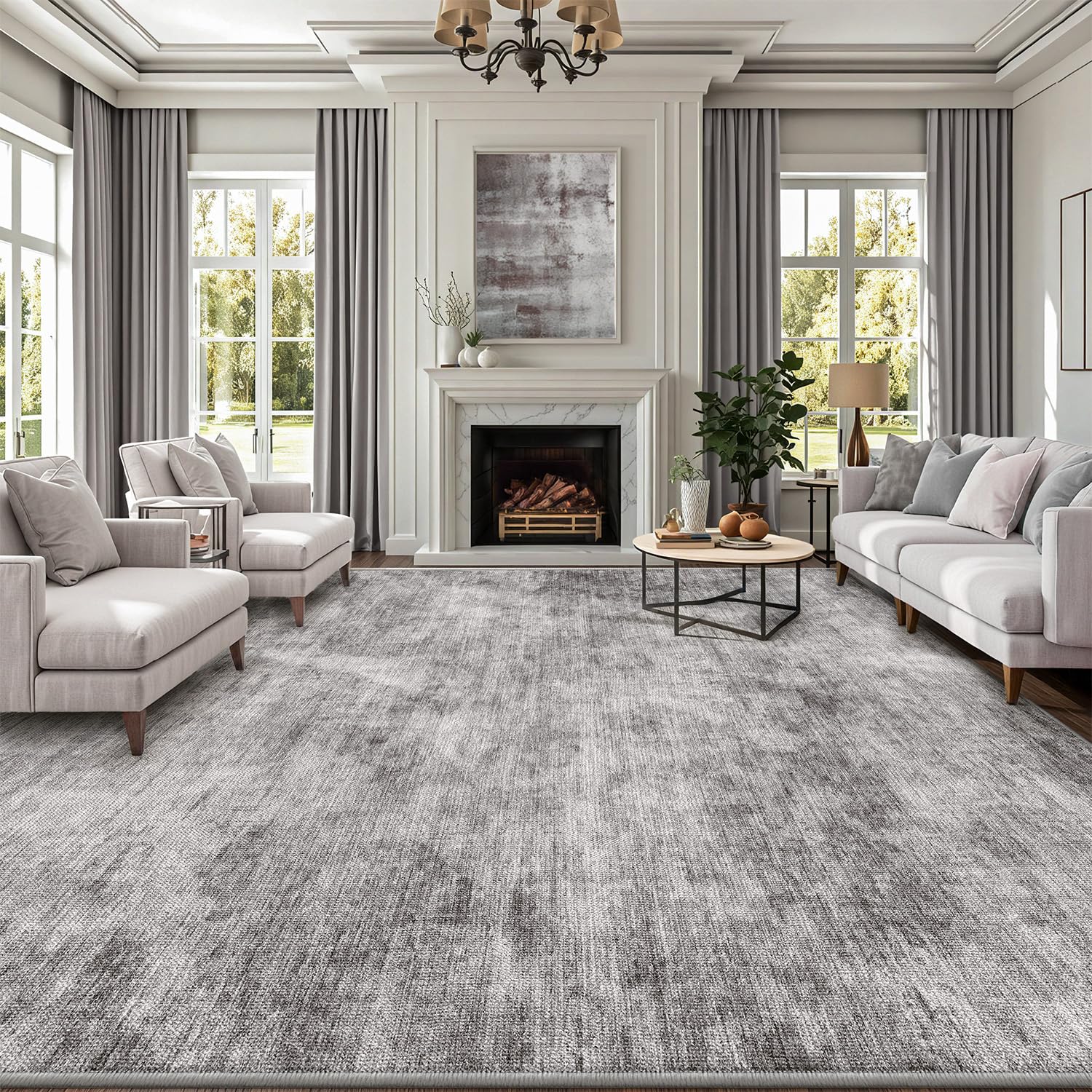 LUMI 8x12 Washable Area Rug for Living Room, Ultra Soft Modern Neutral Grey Rugs Non Slip with Rubber Backing, Low Profile, High Traffic, Stain