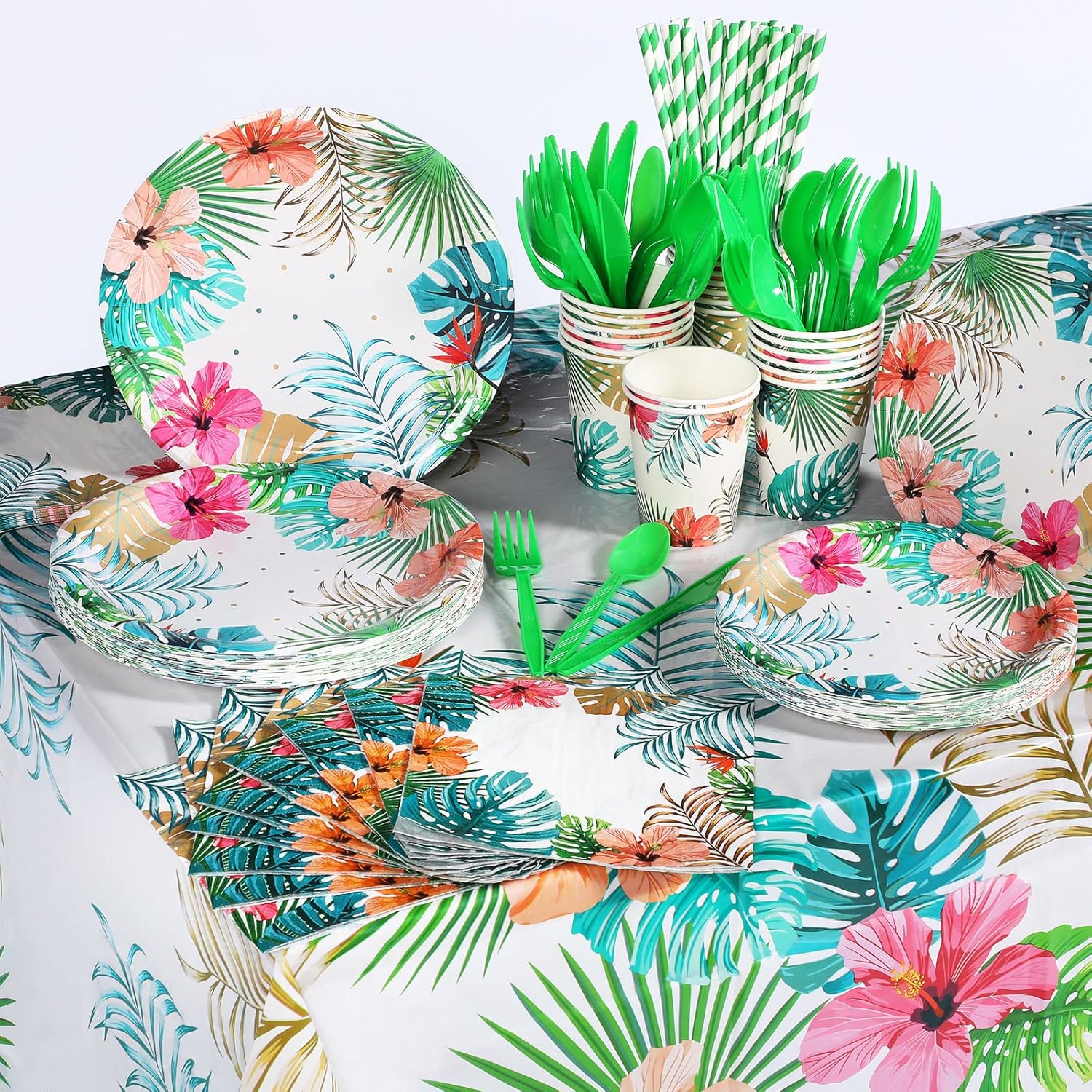 Mumufy 194 Pcs Hawaiian Luau Party Decorations Supplies Set Tropical Birthday Party Summer Beach Luau Party Dinnerware Includes Plates Napkins Cups Straws Cutlery and Tablecloth for 24 Guests Adults
