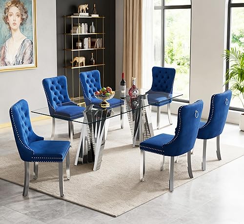 Miniatura 46 de Juego de 5 mesas de comedor de cristal plateado, mesa rectangular moderna de cocina y comedor de 70 pulgadas para 4, mesa de comedor de vidrio Mesa