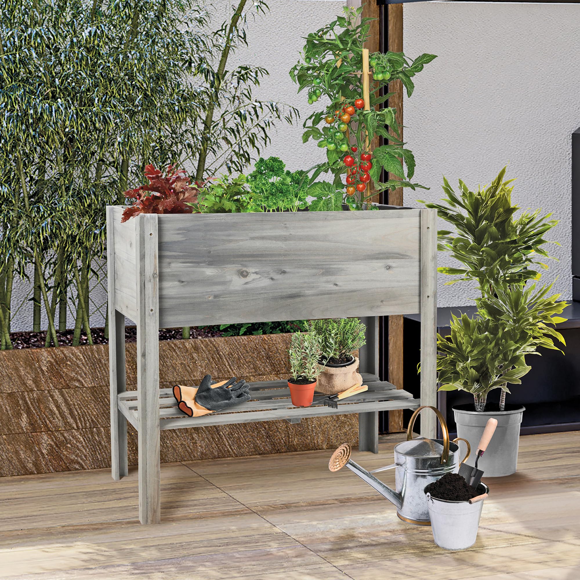 Urbnliving Grey Wooden Raised Garden Bed, Elevated Rectangular Outdoor Garden Patio Planter Flower Herbs Display Box With Storage Shelf