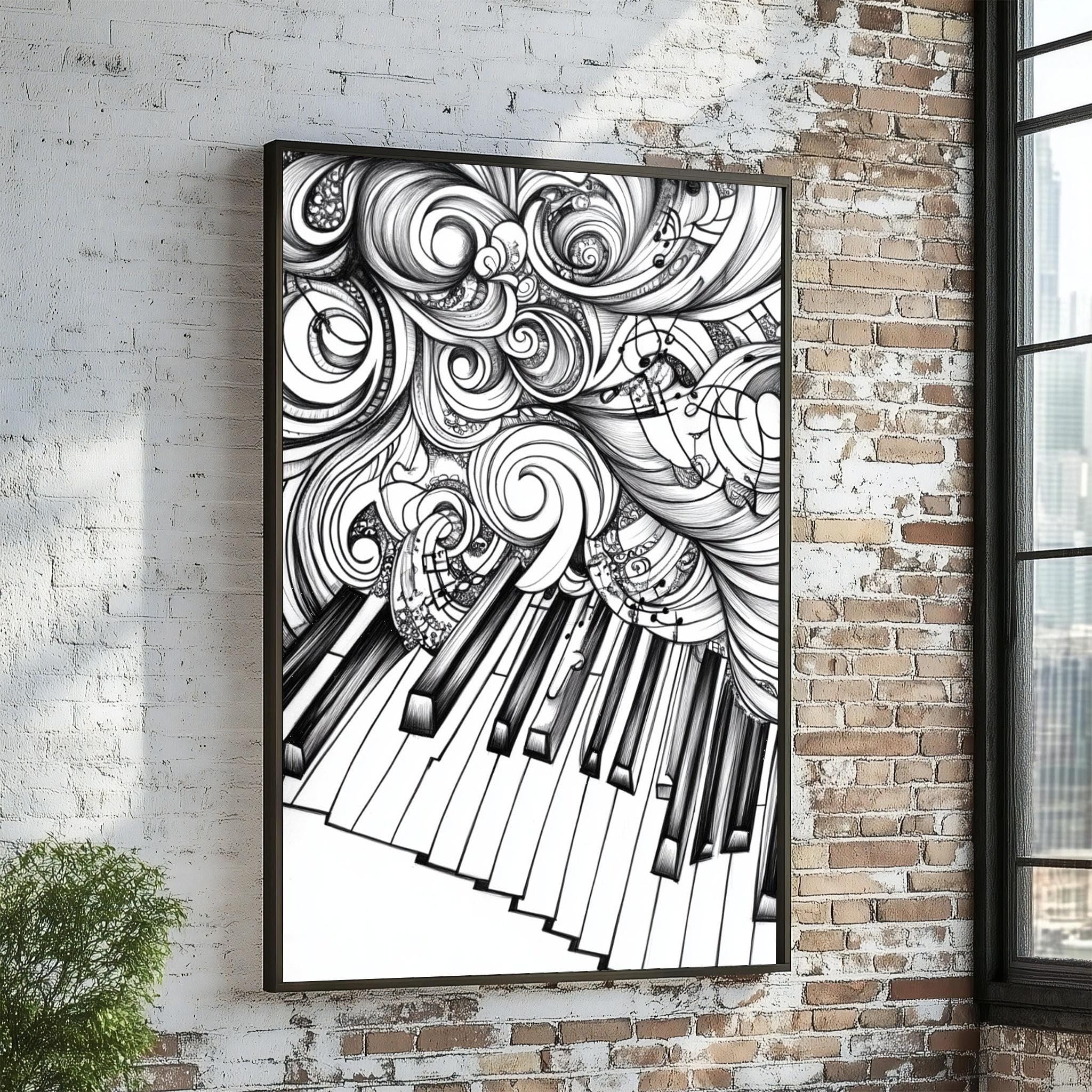 CAOXTART Abstrakcyjny obraz na płótnie z klawiszami fortepianu, czarno-biały plakat muzyczny i wydruki, monochromatyczna sztuka ścienna, kreatywny design (20 x 30 cm / ramka wewnętrzna)