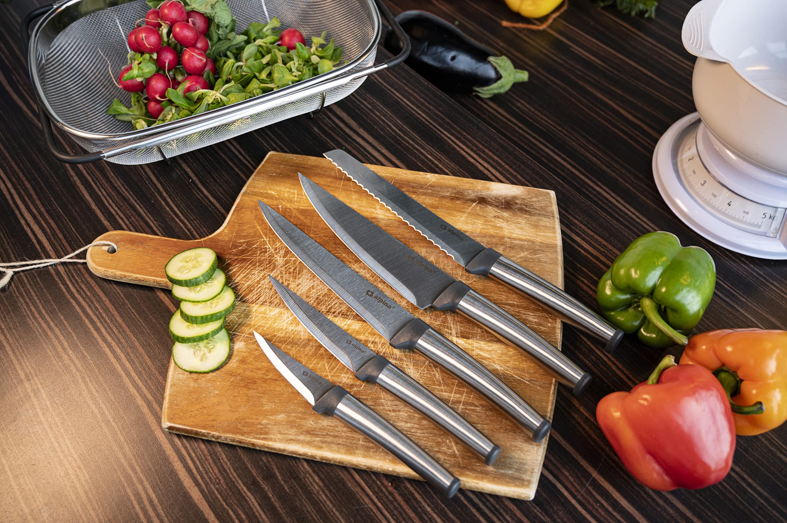 Image secondaire de alpina Set de Couteaux 5 Pièces : Comprenant un Couteau à Pain et un Couteau de Chef - Inox/Polypropylène