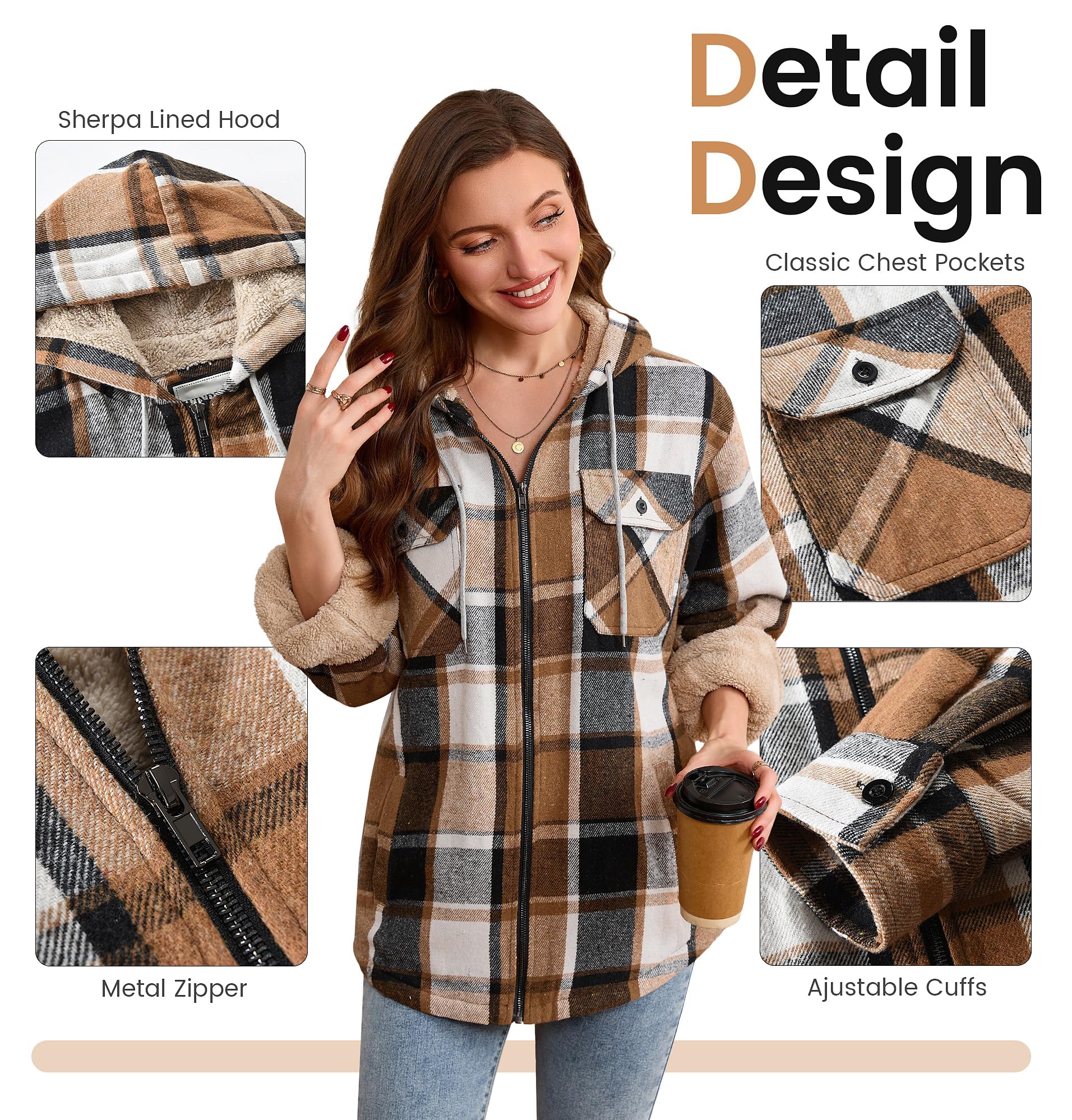 WINDFIT Damen Fleece-Flanelljacke mit durchgehendem Reißverschluss, kariert, Sherpa-Futter, Jacke für Damen