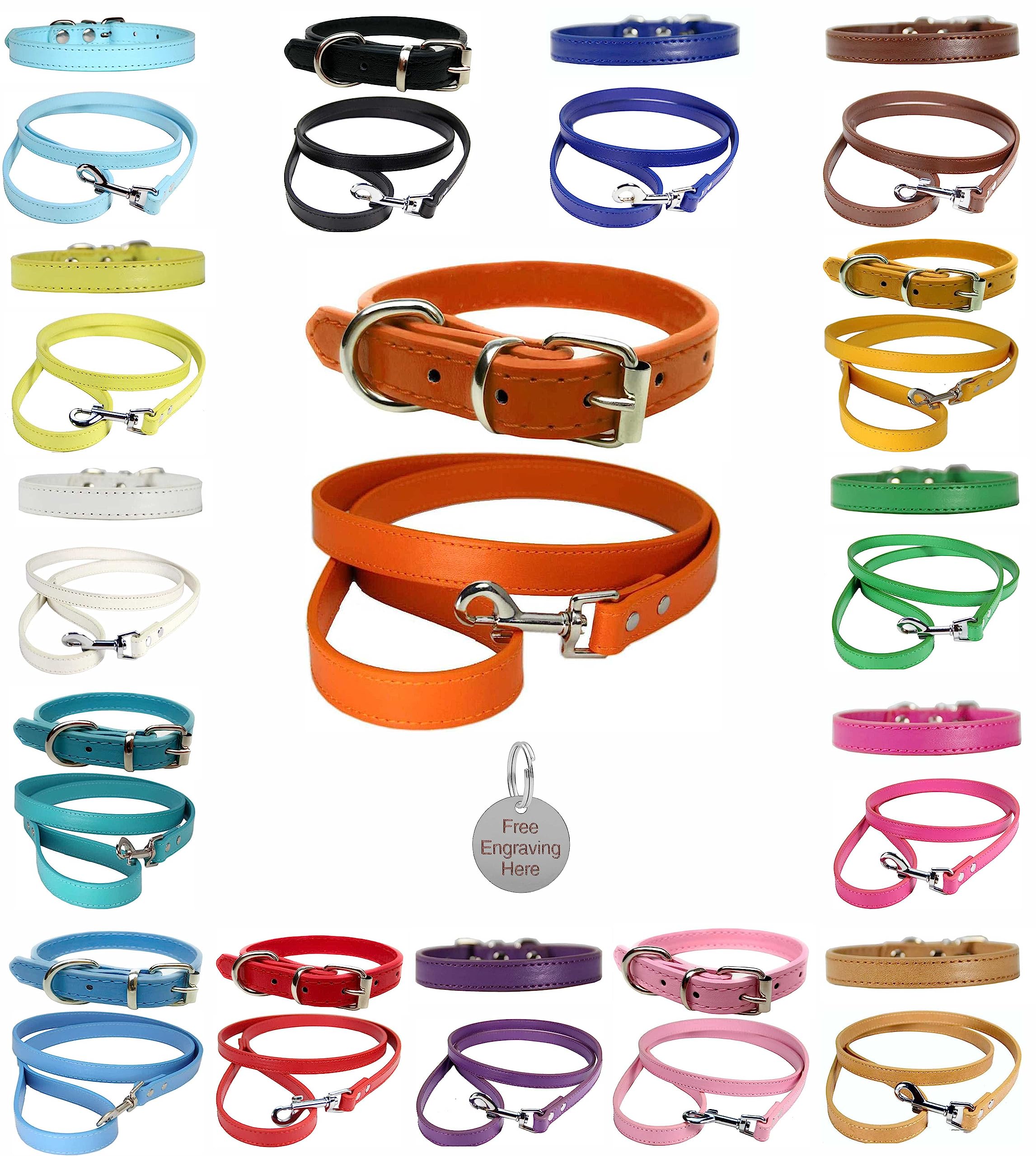 Vibrant Leather Dog Collar & Lead Combo Set for Puppy, Dogs Small, Medium & Large With Personalised Engraved Round Silver Pet Tag (X-Small (20cm - 26cm Neck), Orange)