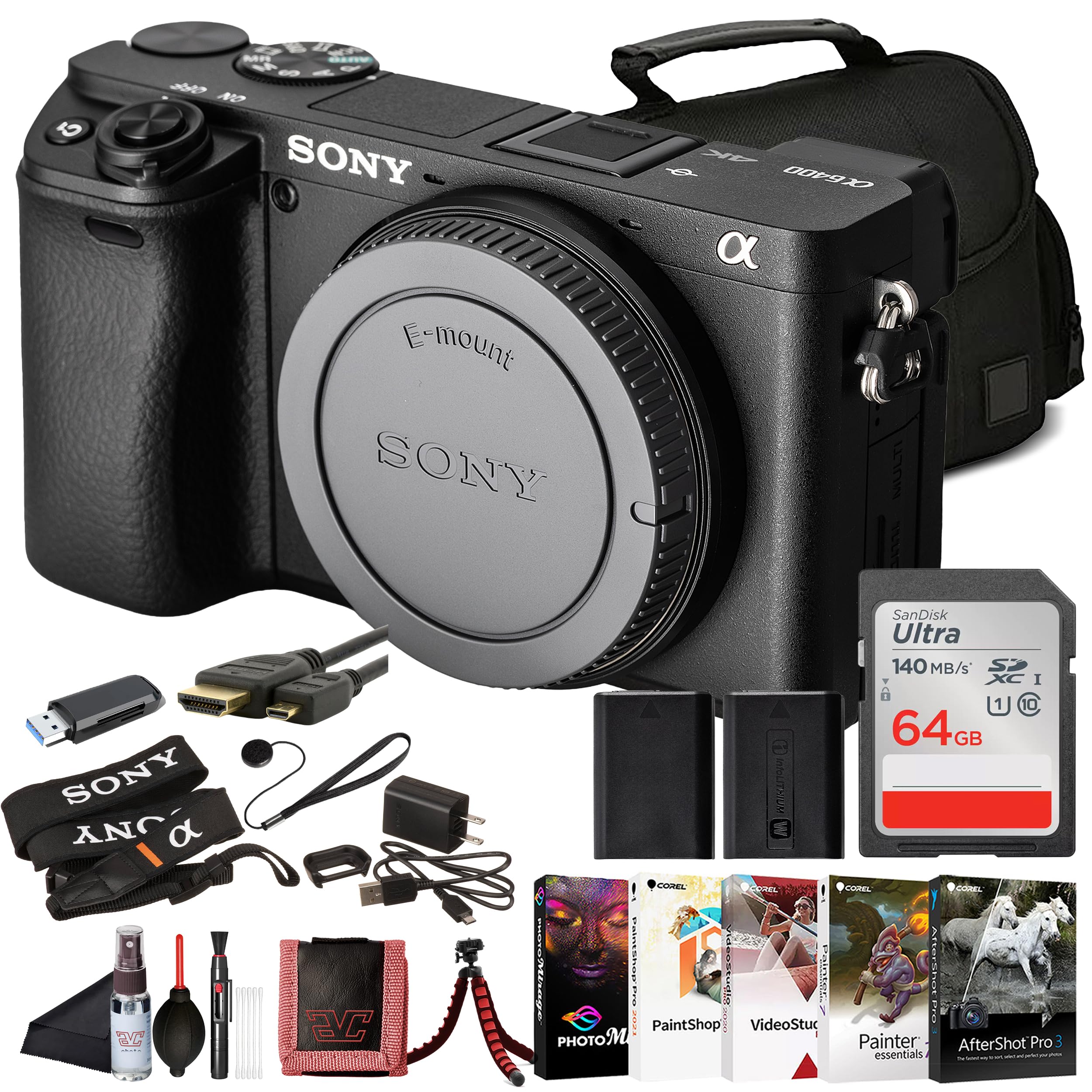 Sony α6400 APS-C Mirrorless Camera (ILCE-6400/B) – Real-Time Eye AF, 11 fps, 4K, Flip-Up Screen, Lightweight, Vlog-Friendly | 64GB Card, NPF-W50