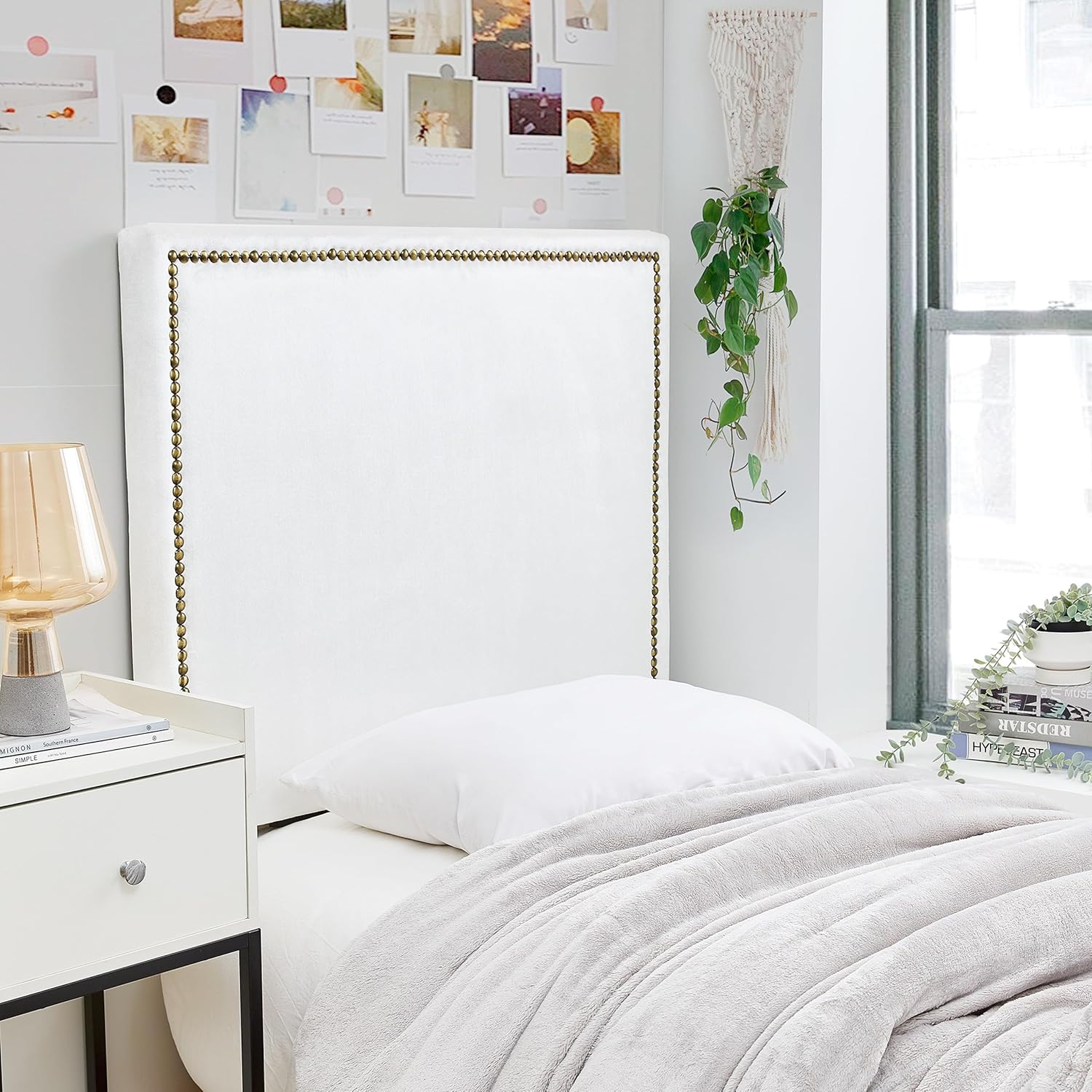 Tavira Allure® College Dorm Right Side Outlet Headboard with Legs - Rivet Frame - White