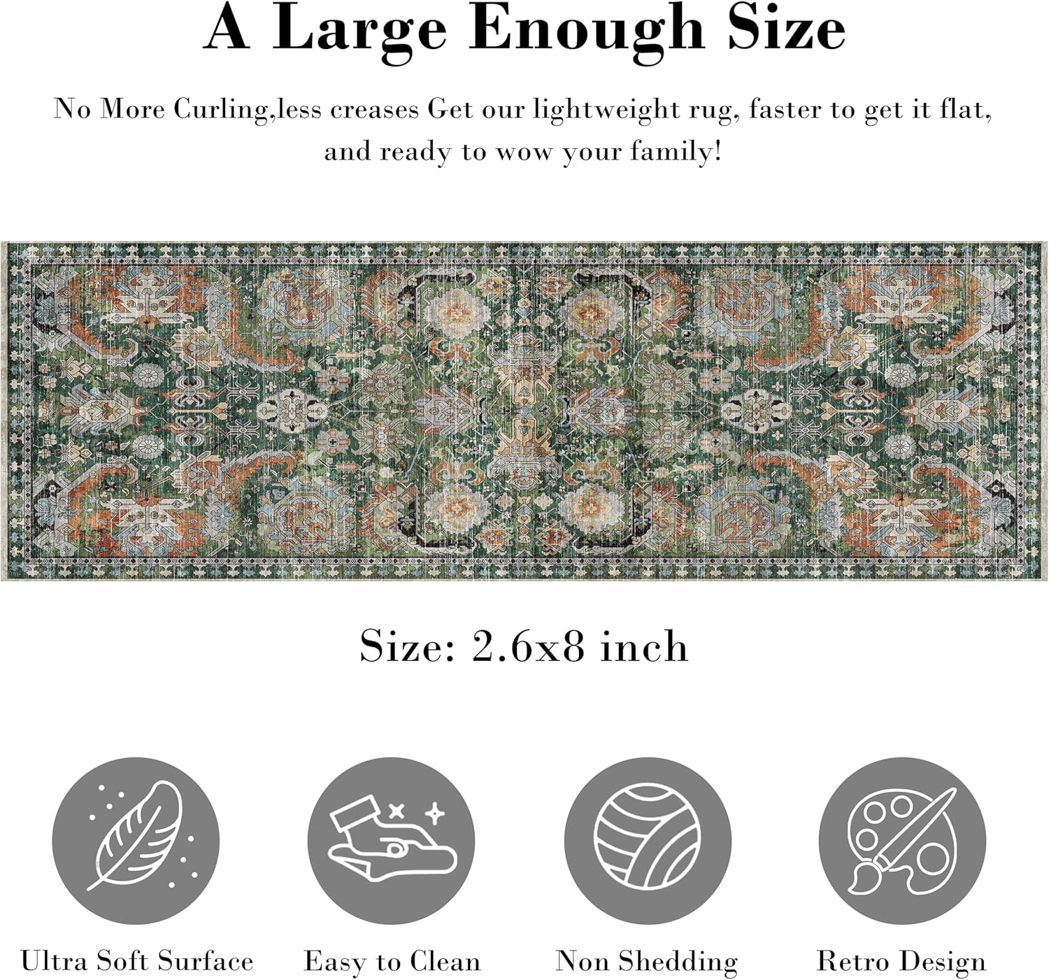 RUGSURE Washable Area Rugs - Perfect for Living Room, Bedroom, Kids Room, Nursery - Stain & Water Resistant Non-Slip, Pet & Child Friendly, Vintage Tribal Area Rugs (Green, 2'6'' x 8')