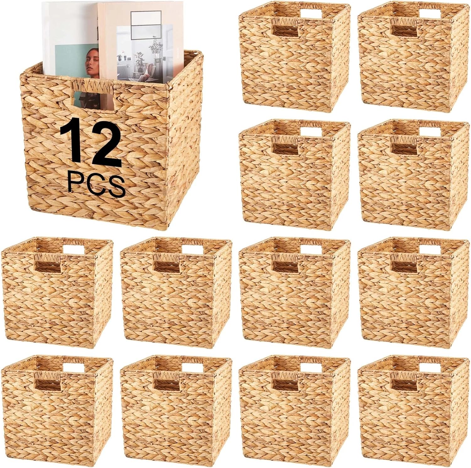 Jinei 12 Pcs Wicker Storage Basket Bulk 12 x 12 x 12 Inch Handwoven Water Hyacinth Cube Bin with Handles Woven Laundry for Organizer Shelves Wood Color 12 x 12 x 12 Inch Wood Color