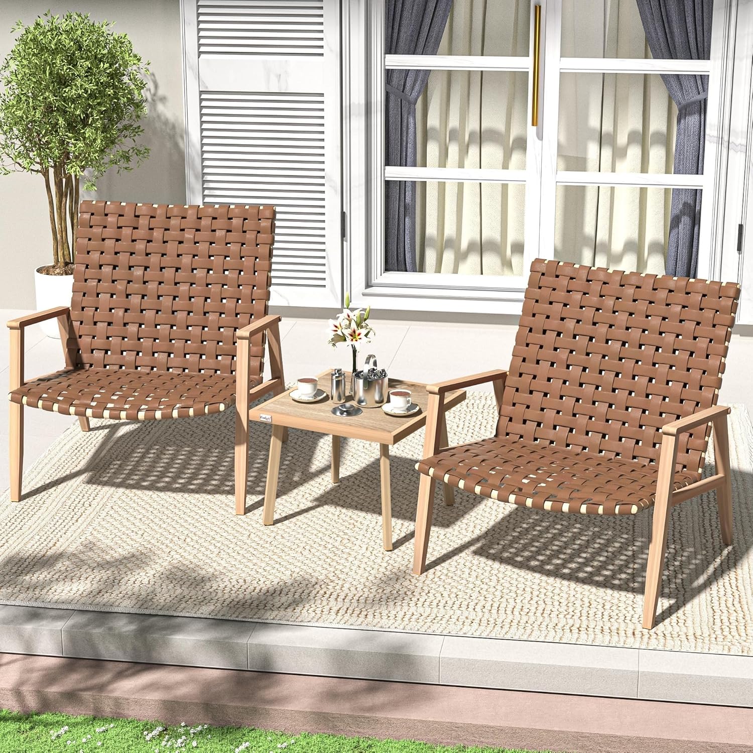 3 Piece Patio Bistro Set with Coffee Table Wood Grain Armrest Outdoor Conversation Chair Sets for Backyard Porch Balcony Poolside Garden