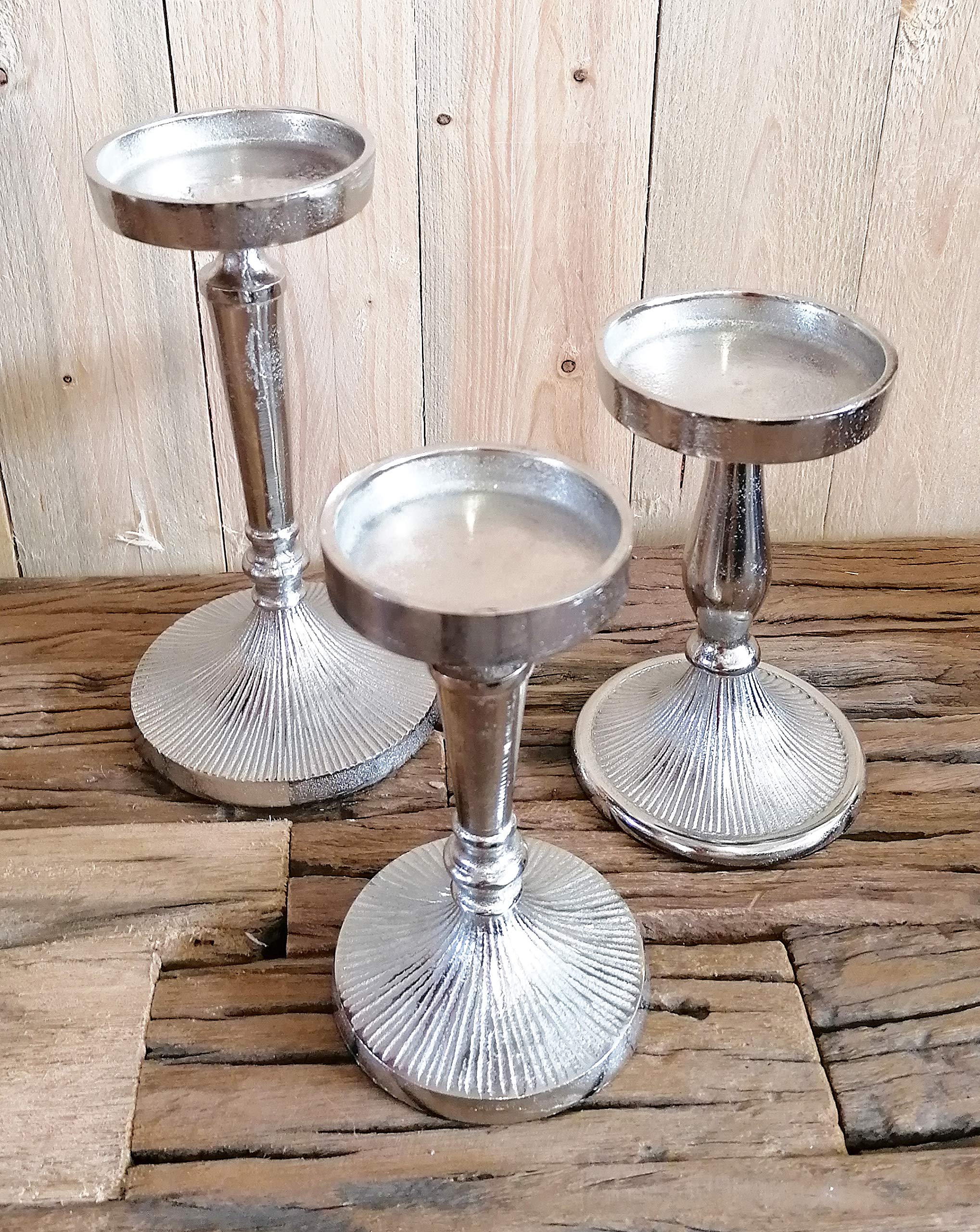 MichaelNoll Kerzenständer 3er Set Kerzenhalter Aluminium Silber - Kerzenleuchter Modern für Stumpenkerzen - H 17,5 cm / 18,0 cm / 23,5 cm