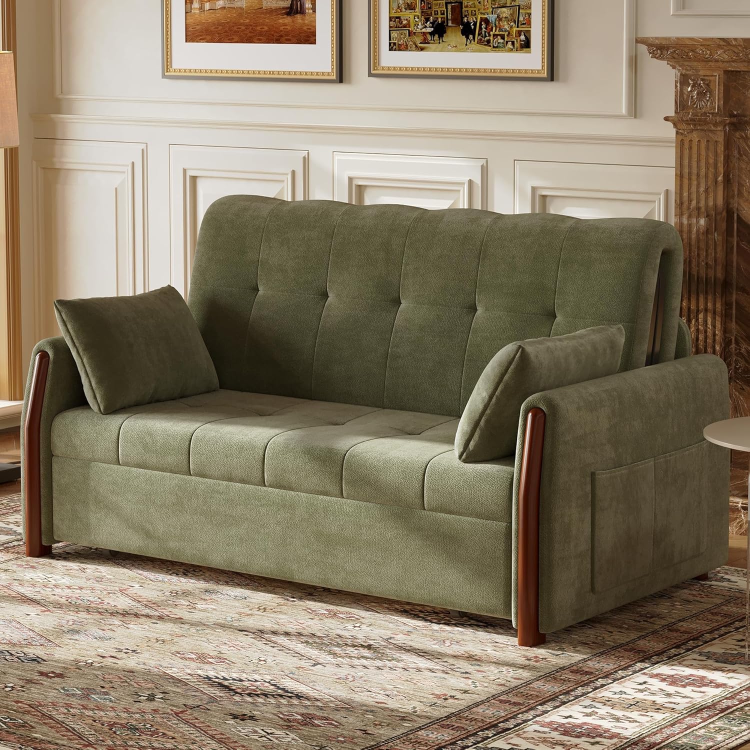 63" Convertible Sofa Bed, 3-in-1 Pull-Out Sleeper Sofa with Hidden Storage, Upholstered Modern Loveseat Couch with Pillows, Space-Saving Sofa for Living Room/Apartment, Olive Green