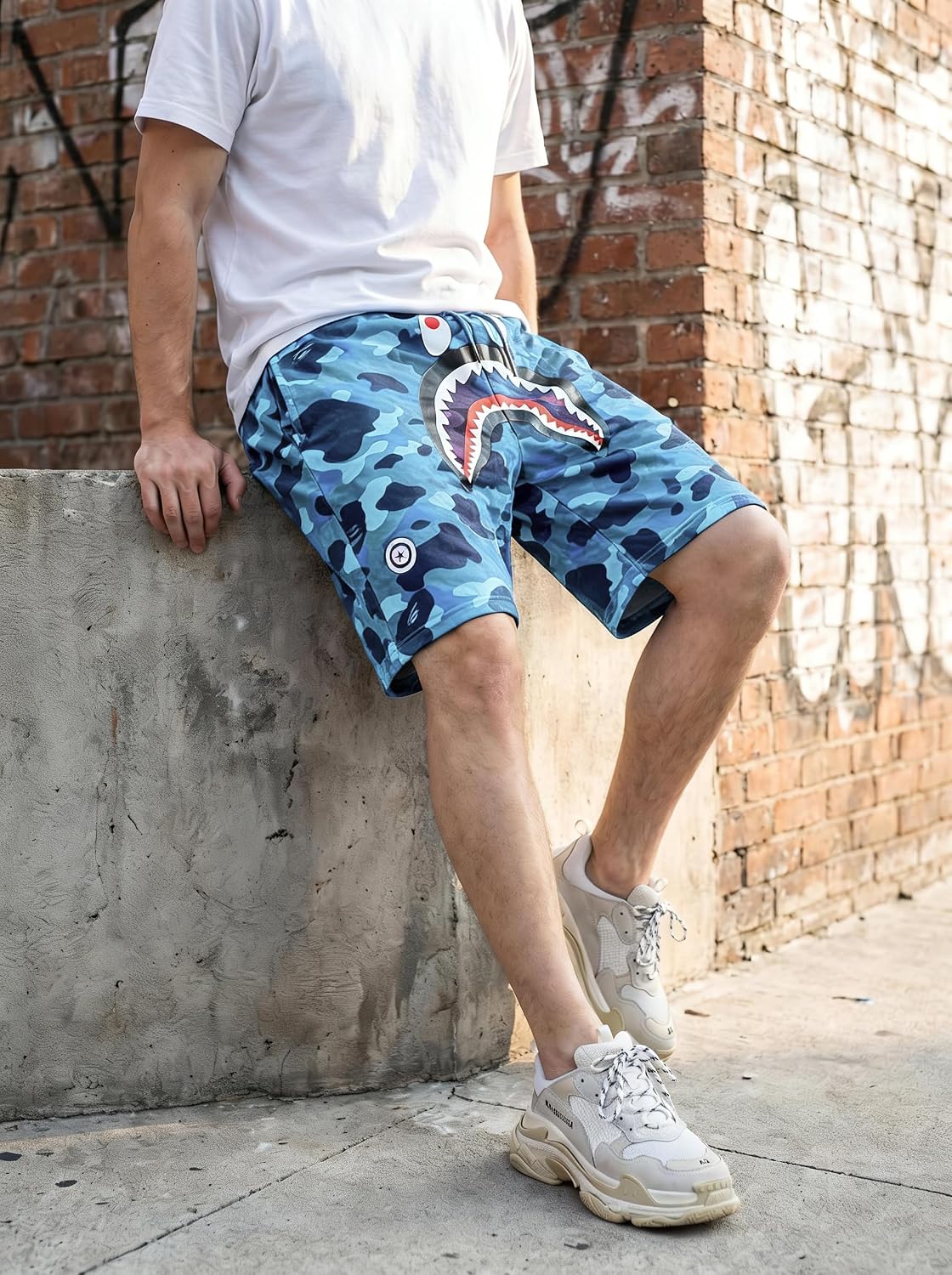Unisex 100% Cotton Shark Shorts Camo Elastic Waist Ape Pants Drawstring 7" in Teens and Adults