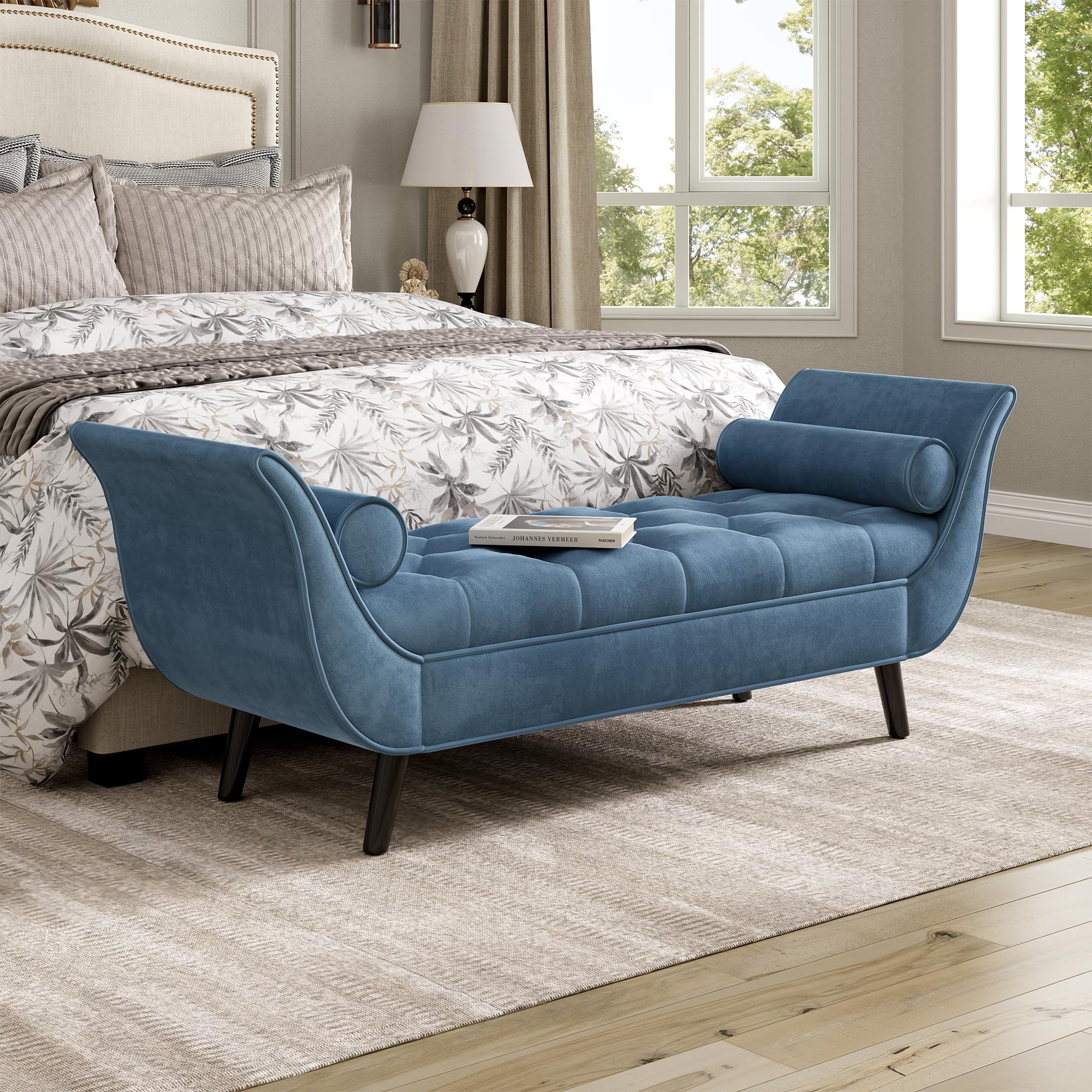 Merax Upholstered Velvet Bench, End of Bed Bench with 2 Pillows, Button Tufted Ottoman, Footstool with Rolled Arms, Foot Rest with Solid Wood Legs for