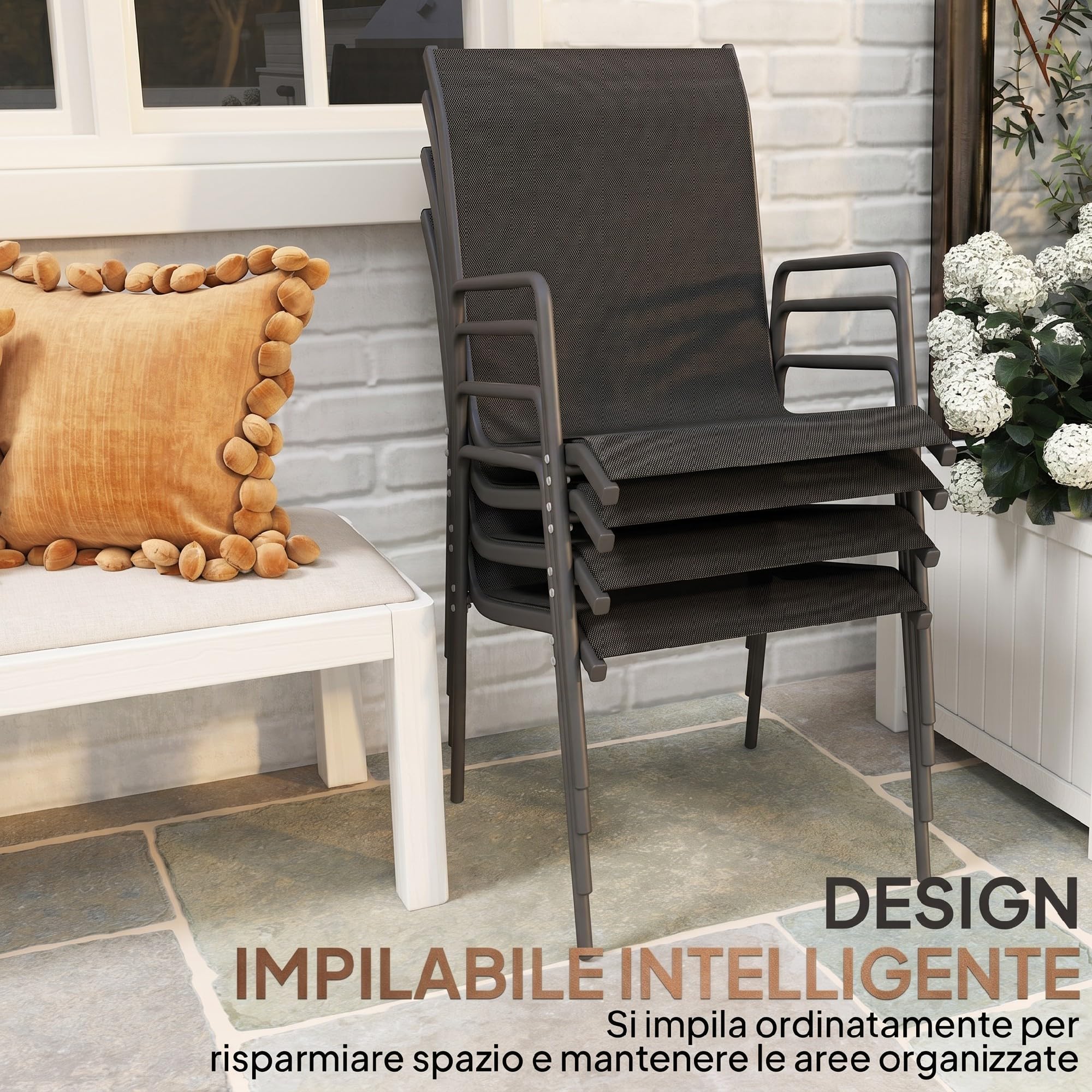 Outsunny Set 4 Sedie da Giardino Impilabili in Texteline Traspirante, Sedie per Pranzo da Esterno con Schienale Alto e Braccioli, in Metallo, da Patio, Balcone, Terrazza, Esterno, 51x69x87 cm, Nero