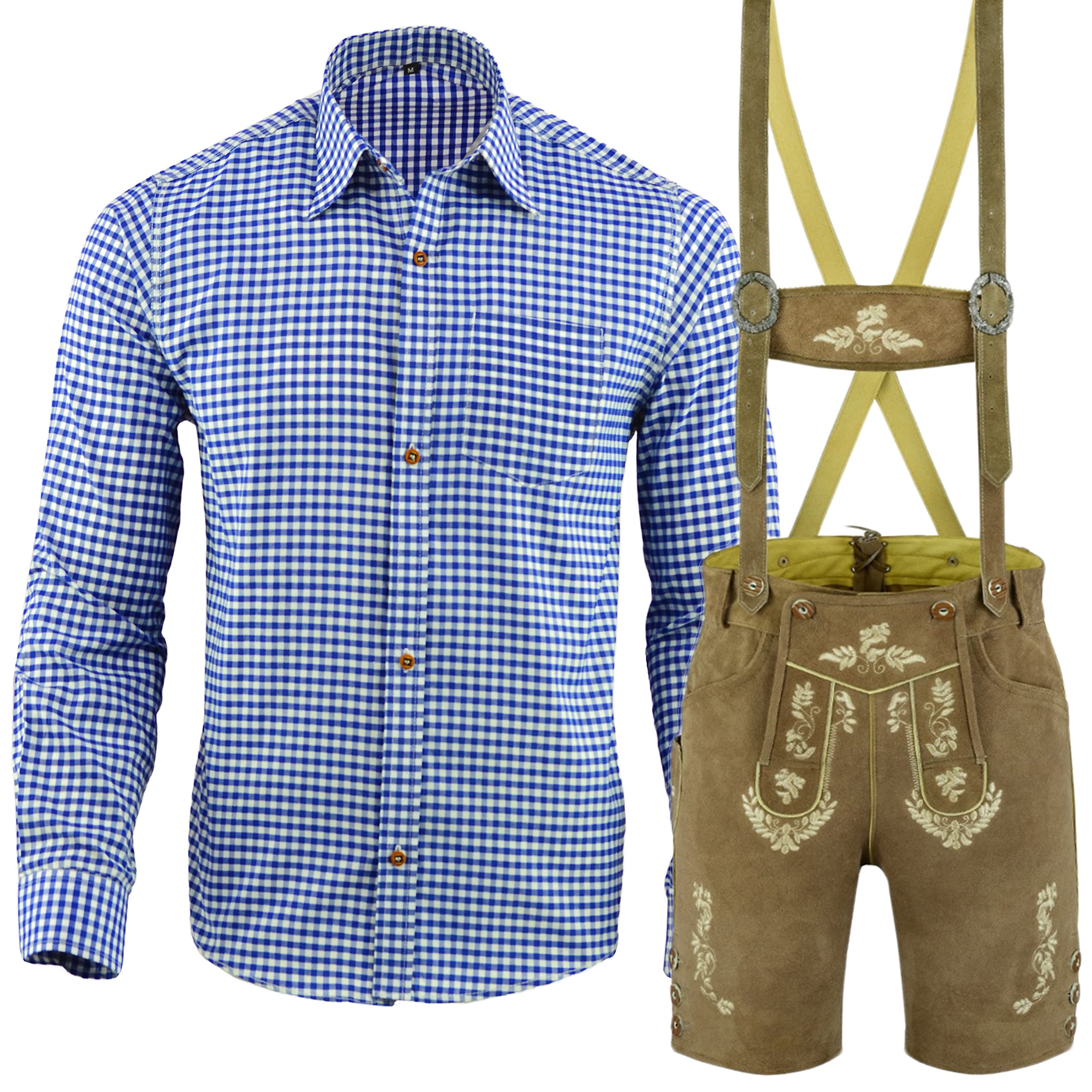 Trachten Set Herren Trachtenset Trachtenlederhose Kurz mit Hosenträger Trachtenhemd Blau-weiß-kariert oder Rot-weiß-kariert Gr.46-60 LE30