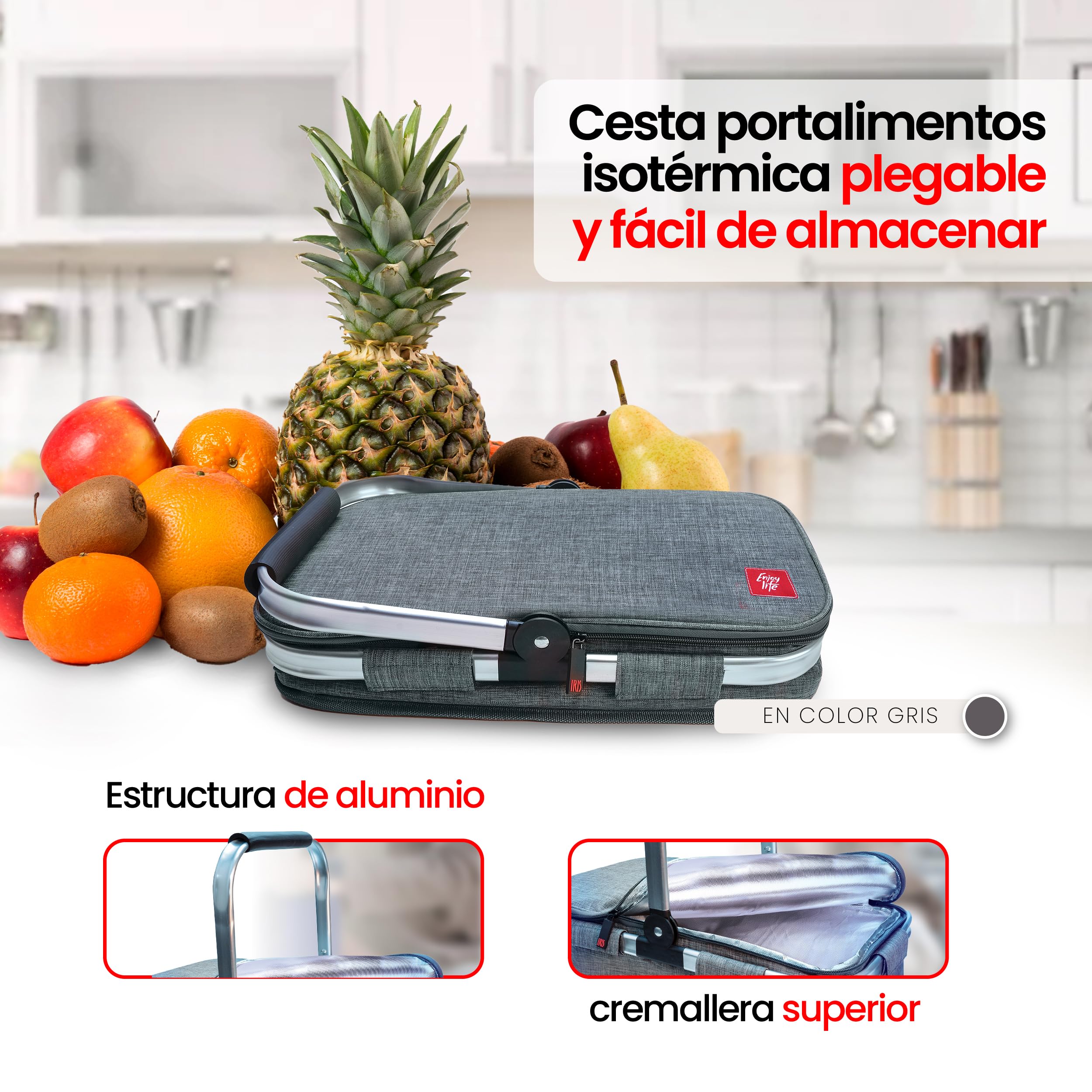 IRIS BARCELONA - Cesta Picnic Plegable, Cesta Térmica para Llevar Comida y Bebida a la Playa, Piscina, Excursión, Picnic Basket 20 l Gris Jaspeado
