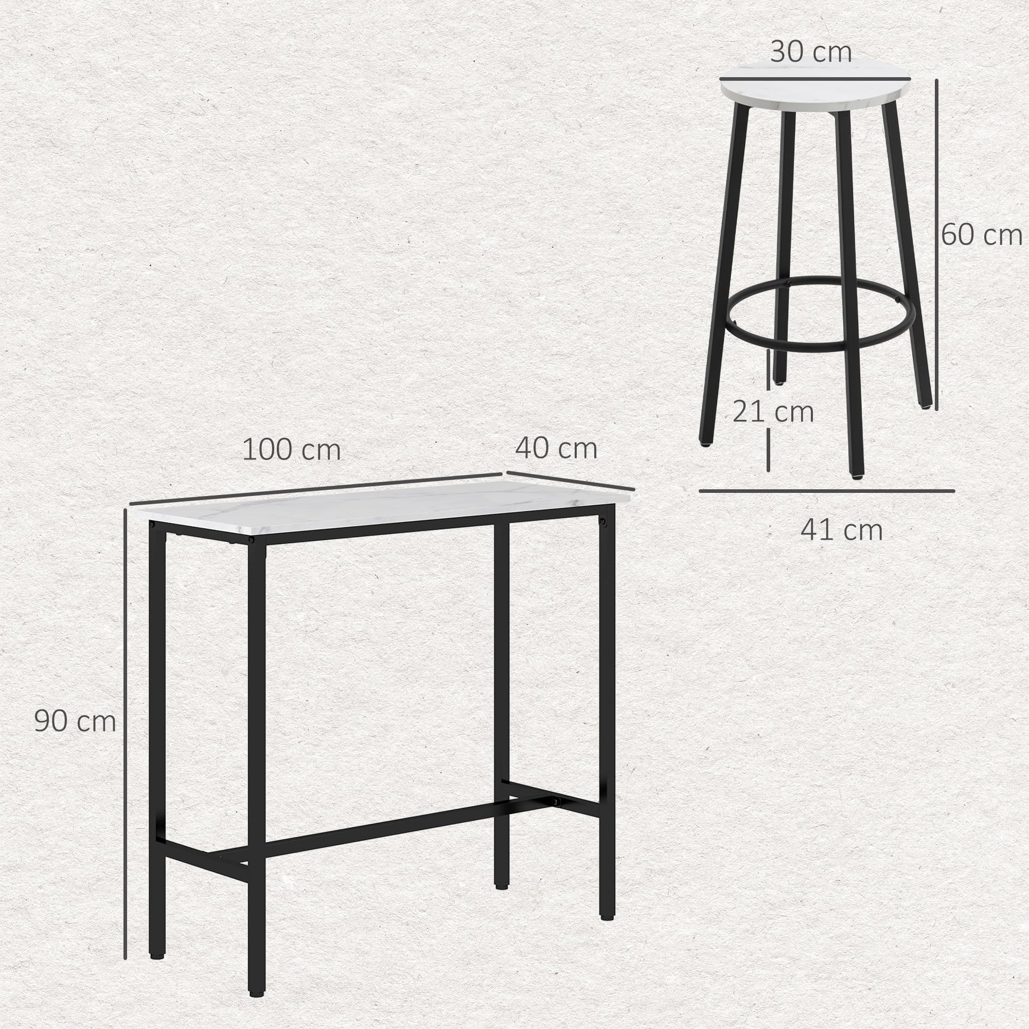HOMCOM Set Table de Bar + 2 tabourets en Acier Plateau Aspect marbre 2 Personnes Blanc