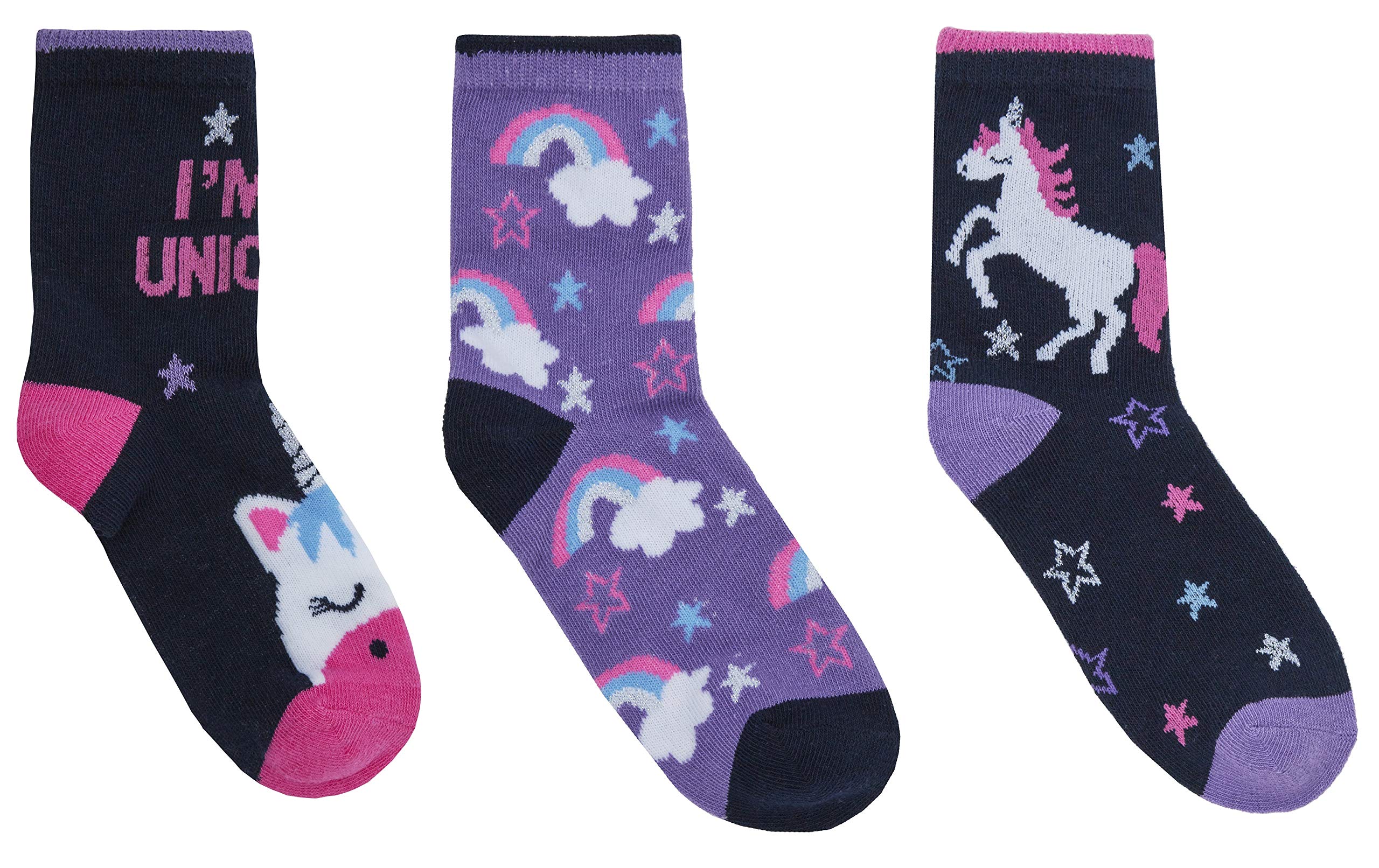 Girls Unicorns Pk D 3 Pk Novelty Cotton Rich Socks (S - Uk 6.5-8.5, ) Size 6.5