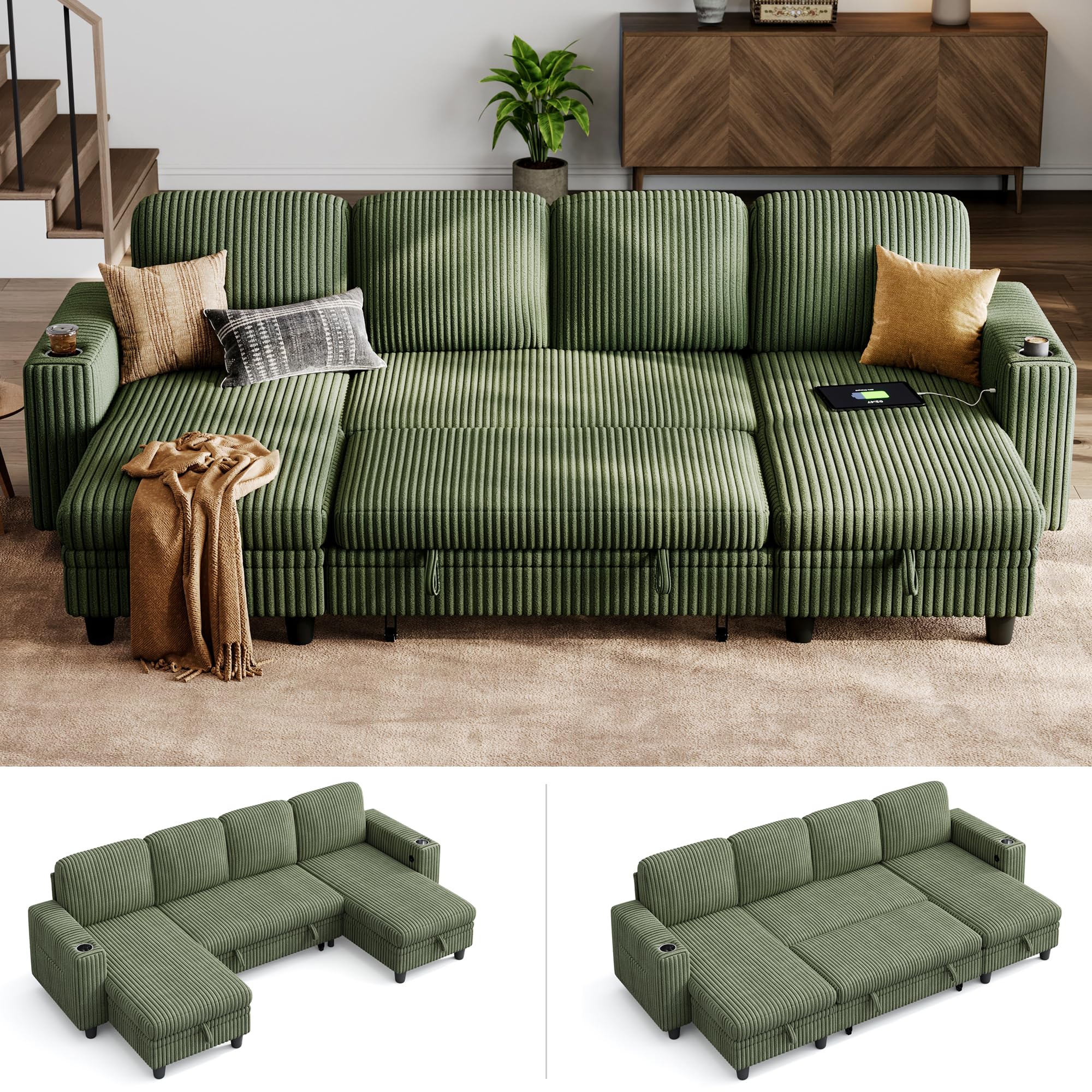 Photo 1 of ***PARTIAL SET, MISSING PCS****
LINSY HOME Sectional Sleeper Sofa Pull Out Couches for Living Room (Green, Sleeper Sofa 3) | Pull Out Sofa Bed, Storage, USB Charging, Cup Holders, Plush Corduroy