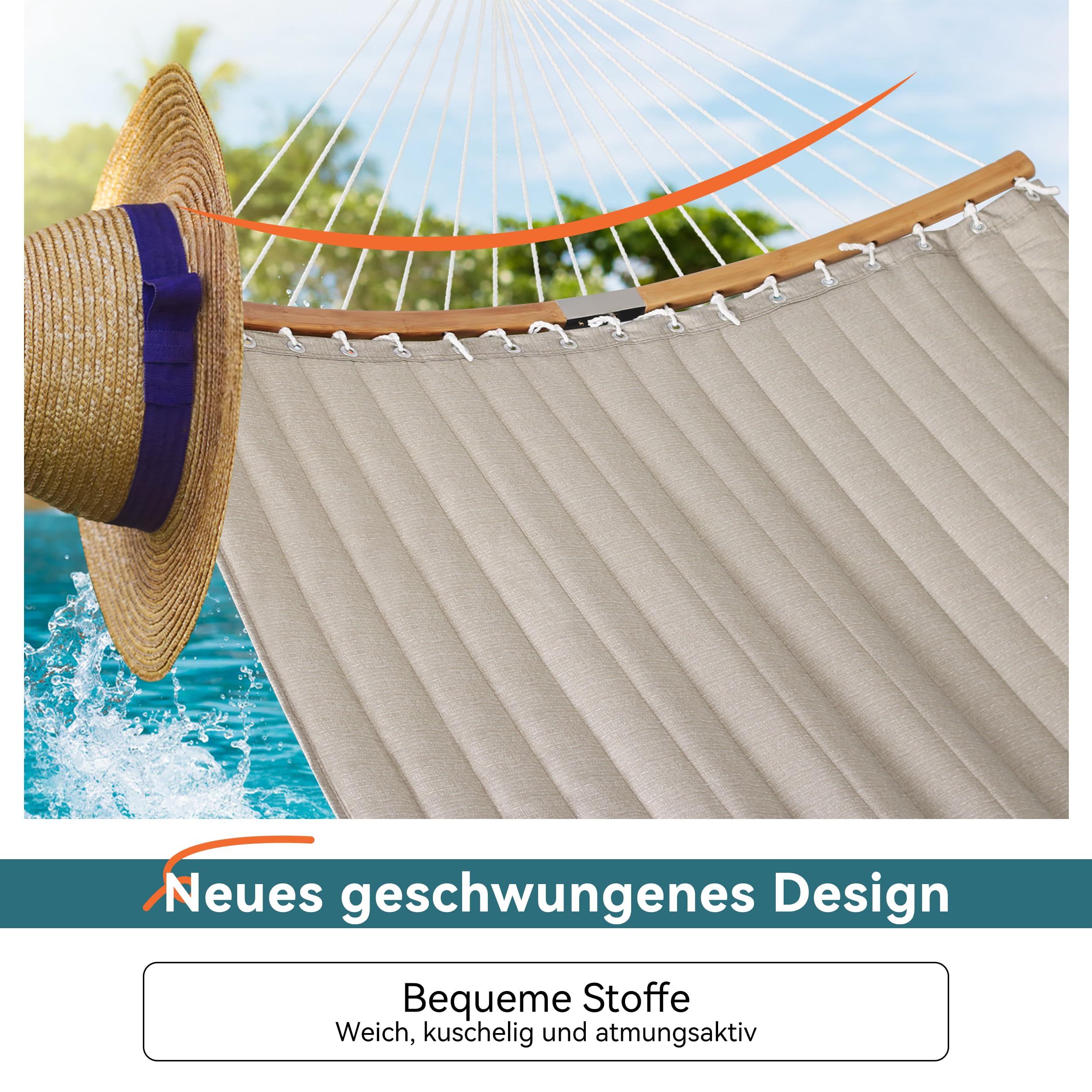 Bathonly Große Outdoor Hängematte für 2 Personen, 3m doppelhängematte, Gesteppte Stoffschaukel mit Faltbarer, gebogener Stange, abnehmbarem Kissen, Tragetasche, bis 204 kg belastbar, Beige