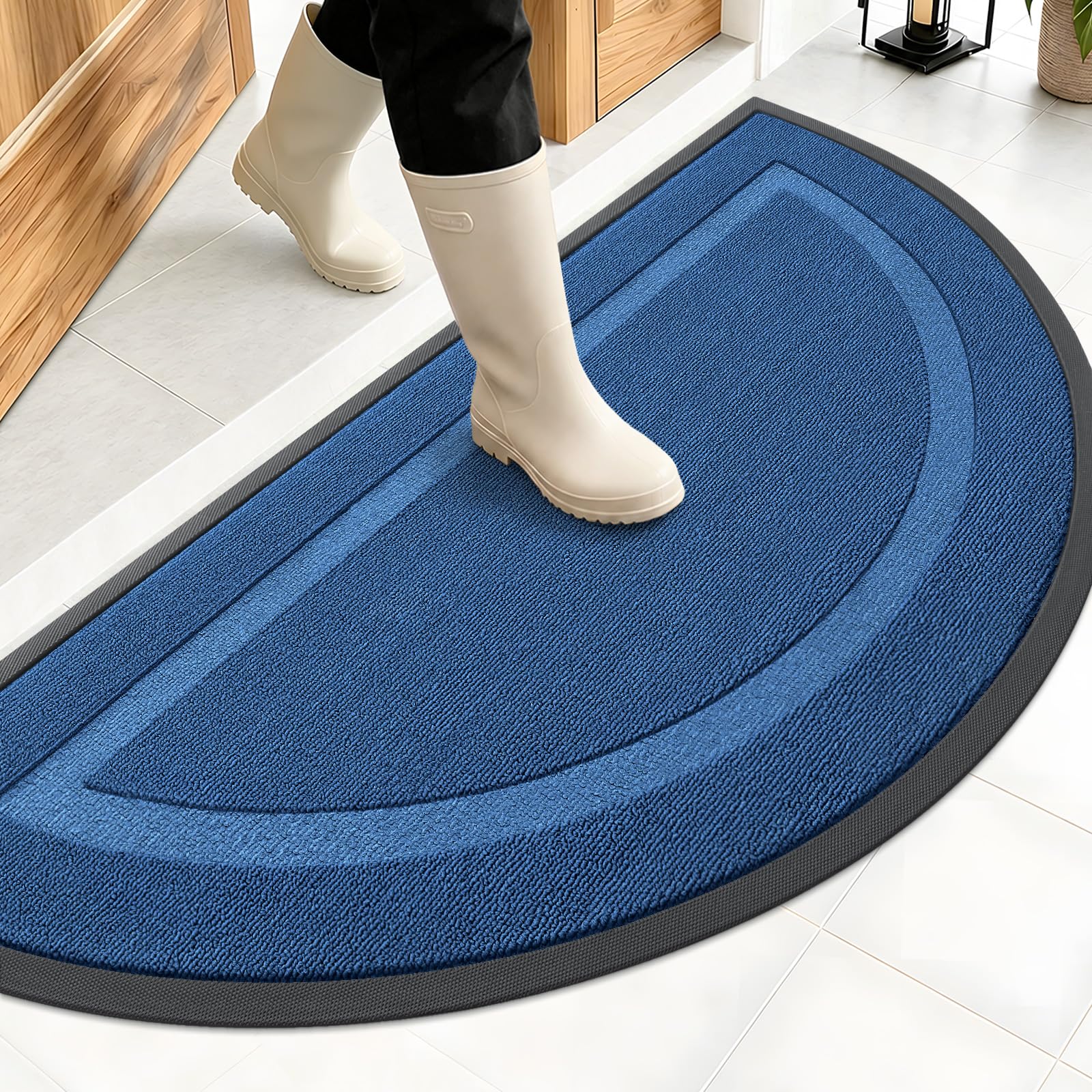 OLANLY Half Circle Front Door Mat Outside 47x23 All-Season Rubber Doormat | Navy Blue, Absorbent, Heavy-Duty, Stain Fade Resistant, Waterproof Non-Slip Backing, Low-Profile Indoor Outdoor Entryway Mat