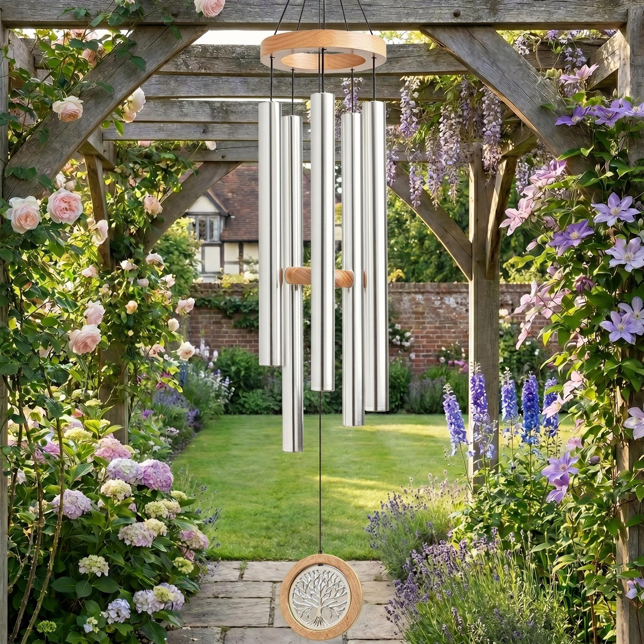 32 Inch Deep Tone Wind Chimes for Garden, Premium Beech Wood Life Tree Memorial Wind Chimes, Thickened Aluminum Tubes, Waterproof Rust-Proof Windchimes for Outdoor, Healing, Gift (Silver)