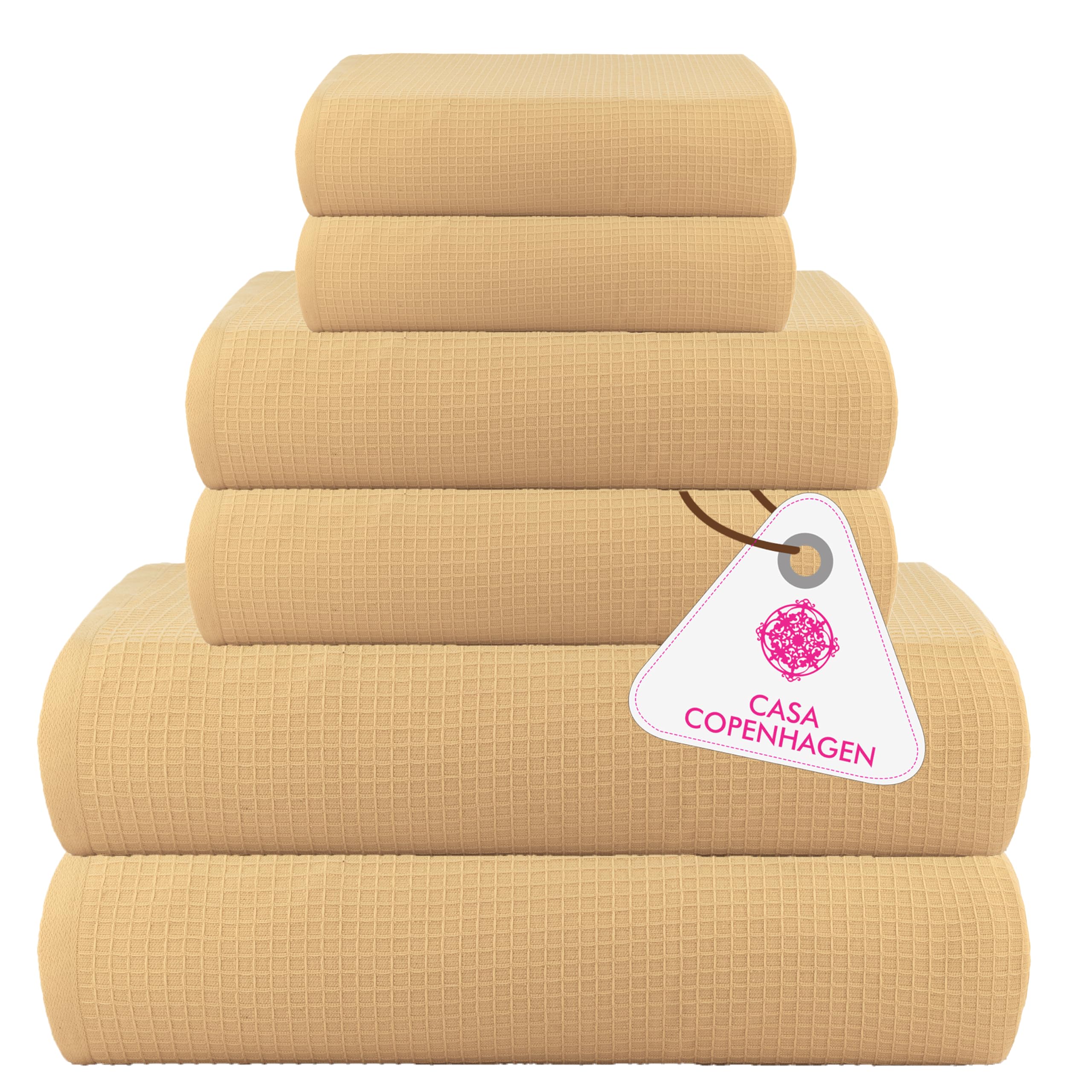 CASA COPENHAGEN Waffle 6Pcs 100% Egyptian Cotton Large Designer Towels Gift Set- Beige, 2Bath 2Hand 2Washcloths, Bath Towels for Bathroom (Box Pack,