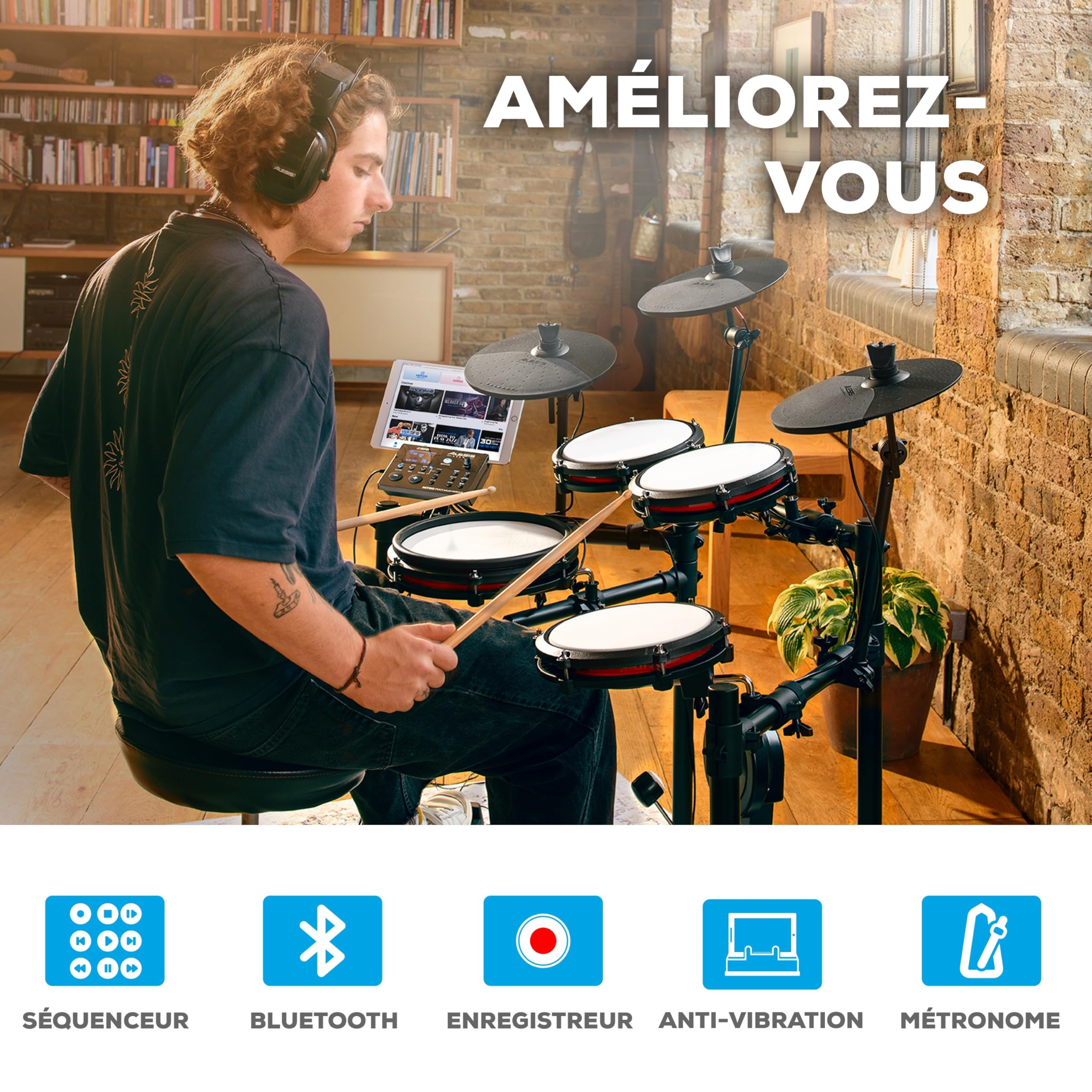 Alesis Nitro Max Kit Batterie Électronique avec Pads en Maille Silencieuse, Caisse Claire 10" Dual Zone, Bluetooth, 440+ Sons Authentiques, Drumeo, USB MIDI, Pédale de Kick
