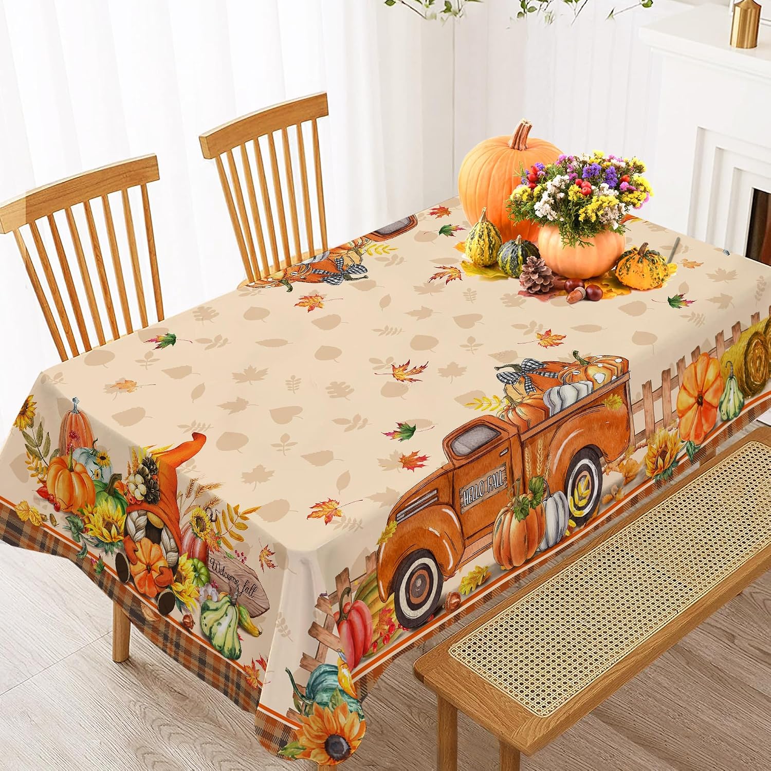 Hexagram Fall Tablecloth 60x84 Inch Rectangular, Truck Fall Table Cloth