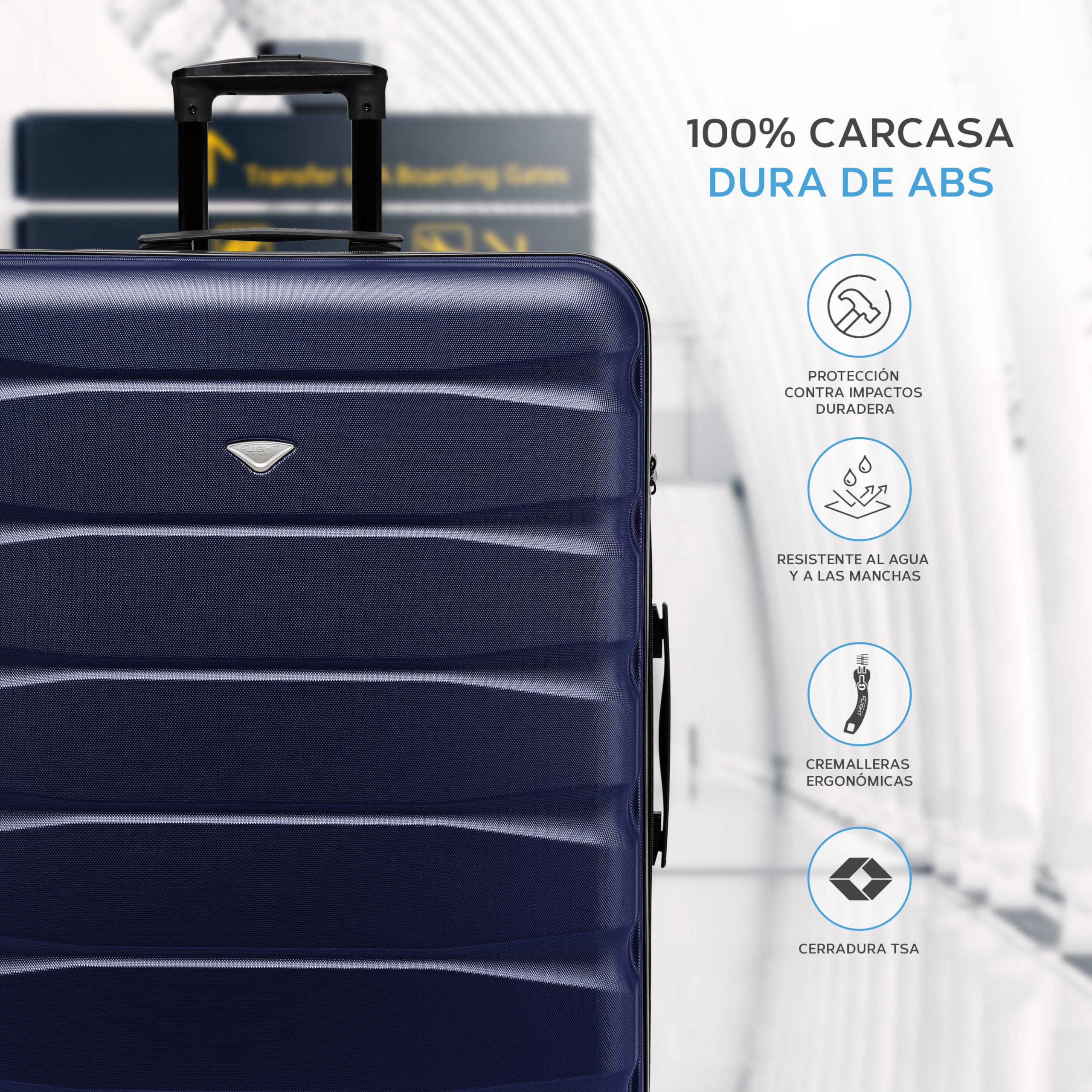 Flight Knight Maletas Rigidas ABS Ligeras de 4 Ruedas, Equipaje de Cabina y de Bodega Aprobadas Por Mas de 100 Aerolineas Como easyJet, British Airways, RyanAir, Virgin Atlantic, Emirates y Muchas Mas