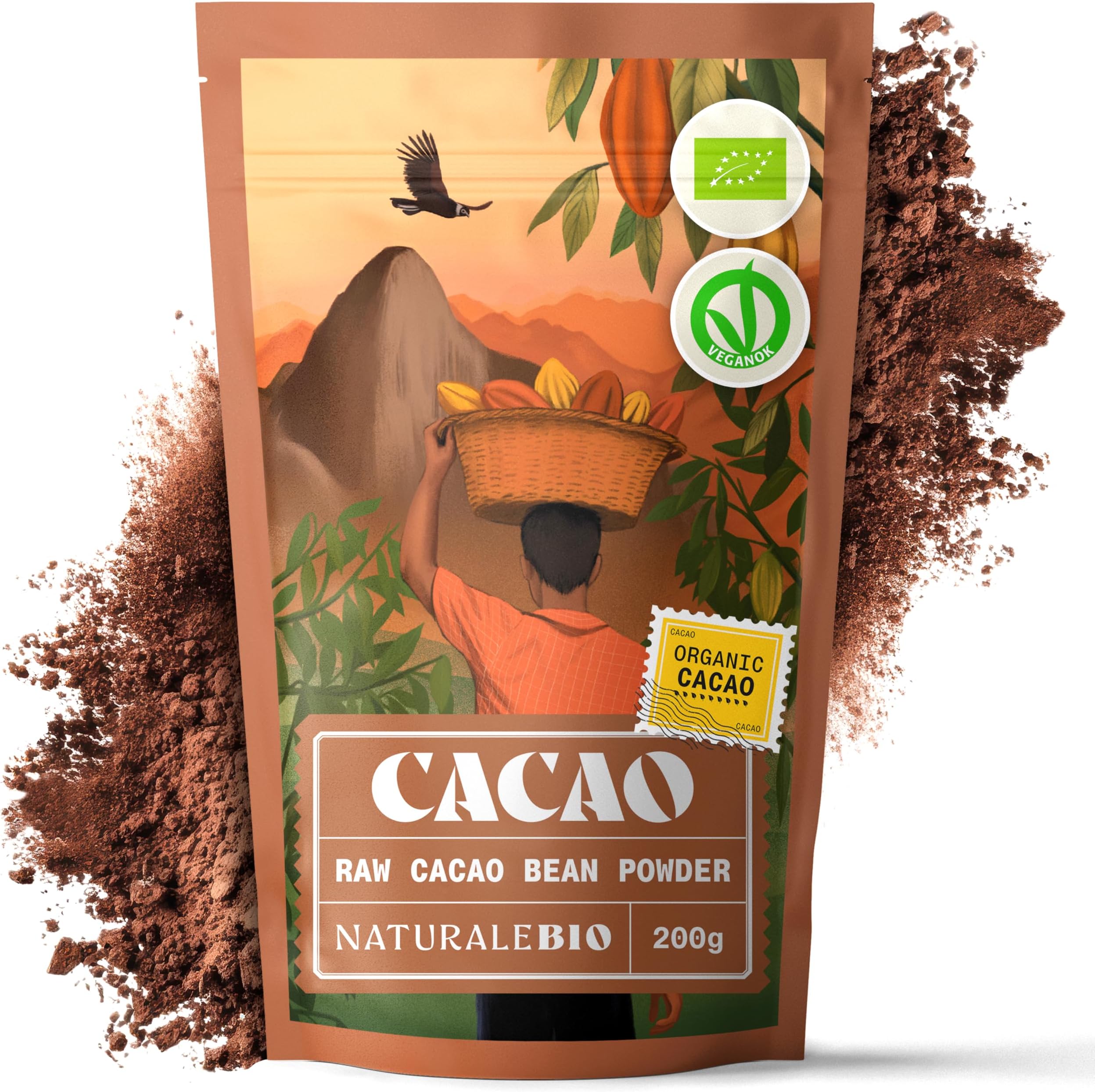 Organic Cacao Powder 200g. Unsweetened, Natural and Pure. Produced from Raw Cacao Beans of The Theobroma Plant. Source of Magnesium, Manganese and Phosphorus. Tested for Heavy Metals