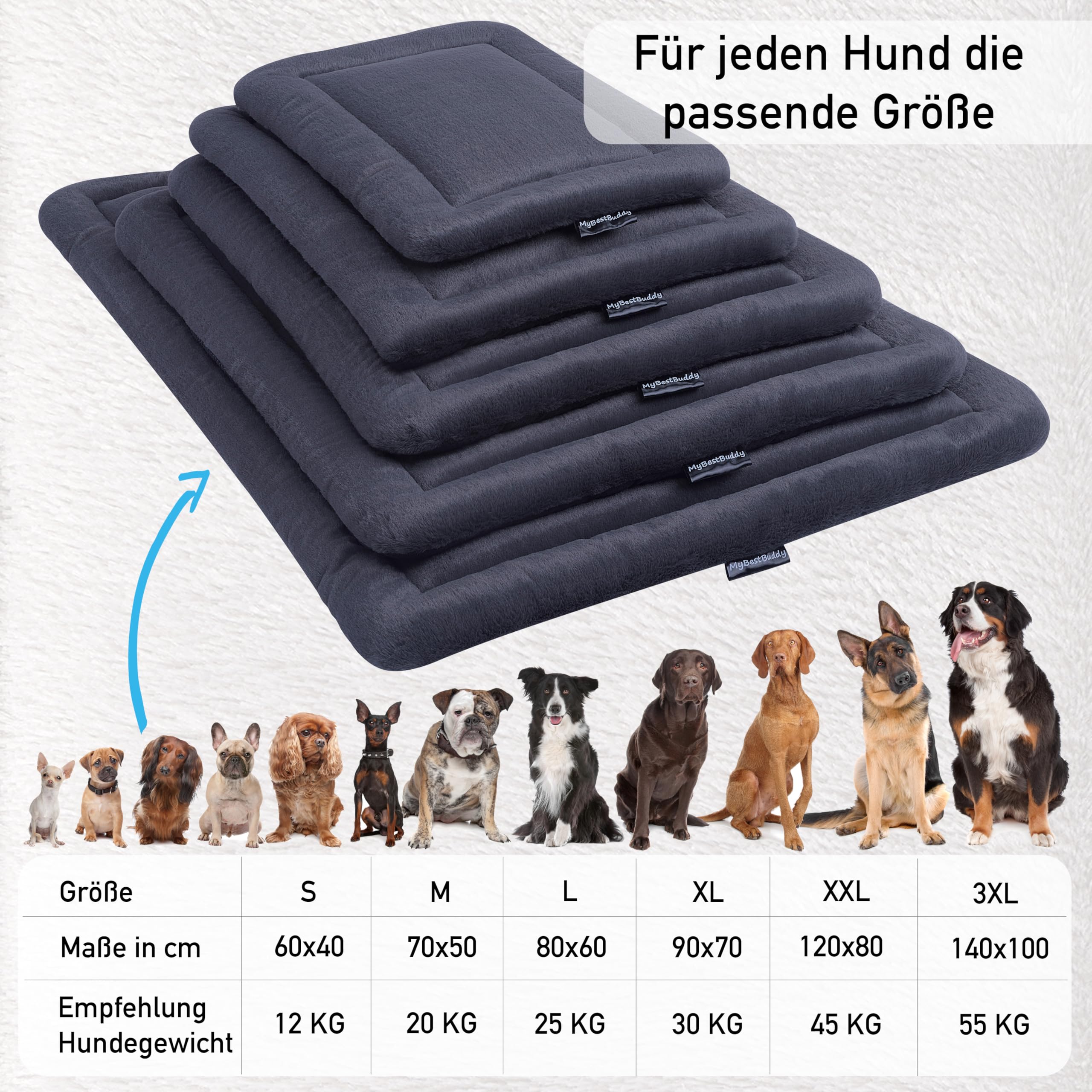 MyBestBuddy Hondenkussen comfort XL donkergrijs 90x70 cm, allergievriendelijk - 40 °C wasbaar met pluizige stoffen bekleding - hondenmat of hondenbed voor grote honden, 90 x 70 cm