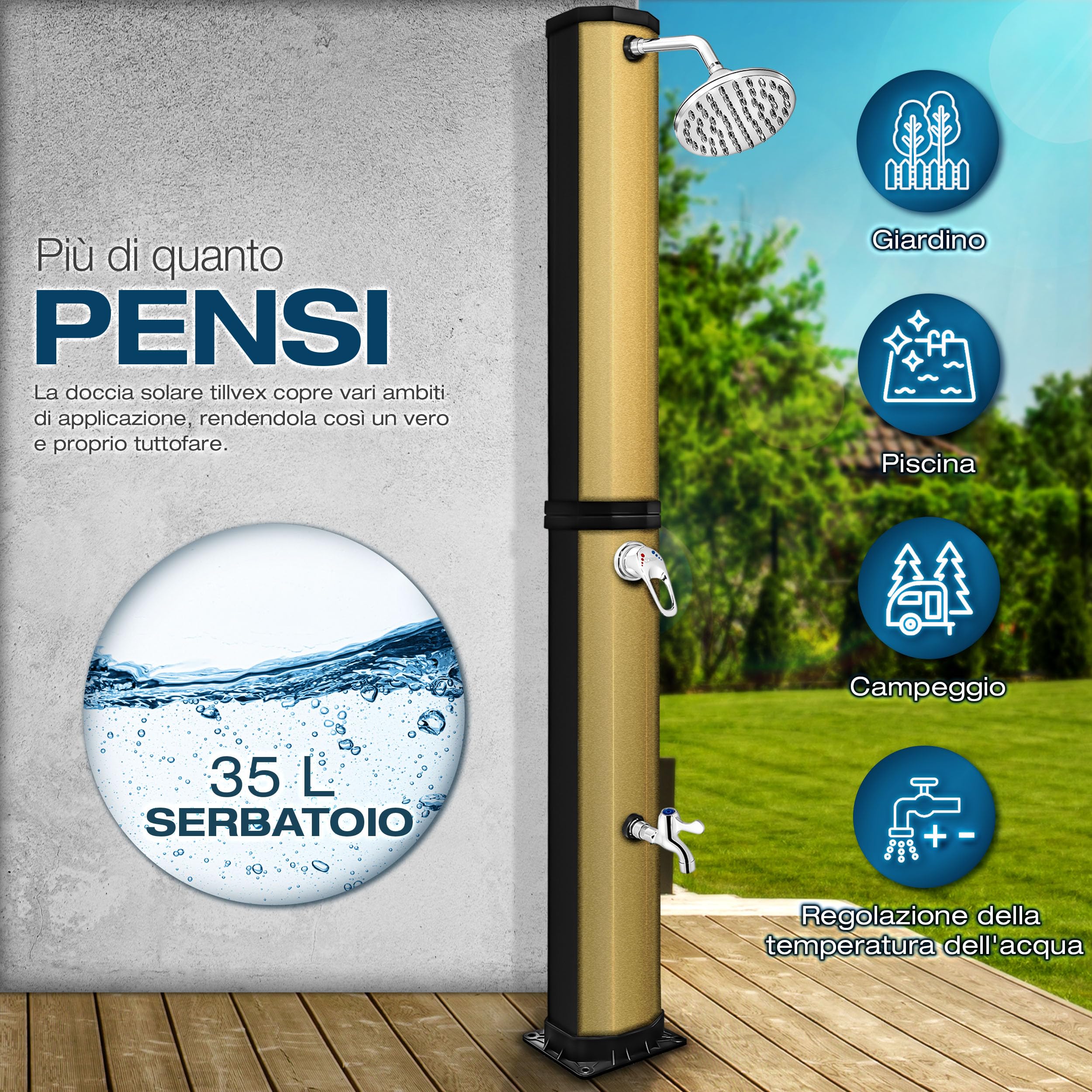 tillvex Doccia Solare con Coperchio di Protezione, Doccia da Giardino a energia Solare, per Piscina, Senza Collegamento di Alimentazione, con Rubinetto (Nero/Oro, 35 Litri)