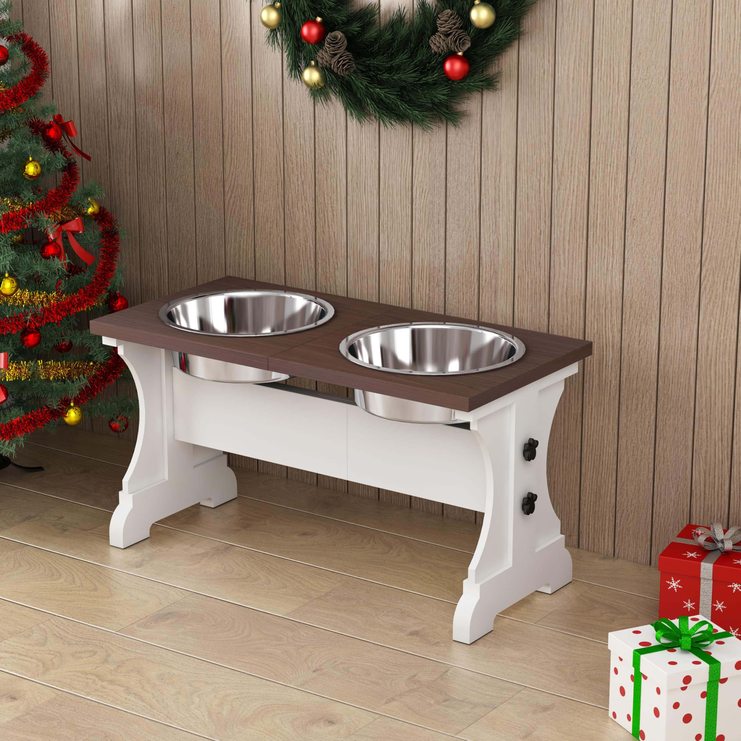 Piskyet Elevated Dog Bowls,Farmhouse Dog Bowls Stand, Raised Dog Bowl with 2 Stainless Steel Wooden Dogs Bowls,7 Cups 11''H_55 oz Bowl-Farmhouse Style