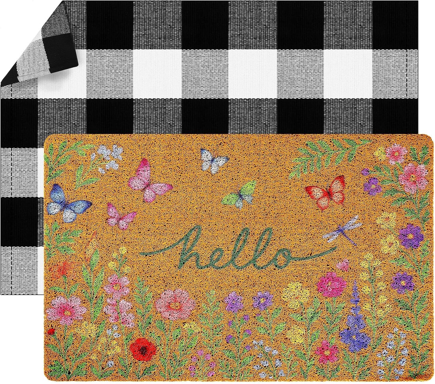 Duraaamo 2 Pcs Hello Spring Welcome Door Mat Floral Wildflower Coir Mats Layered Front Door Rugs Black & White Check Non Slip Floor Mats for Porch Entryway Indoor Outdoor Decor
