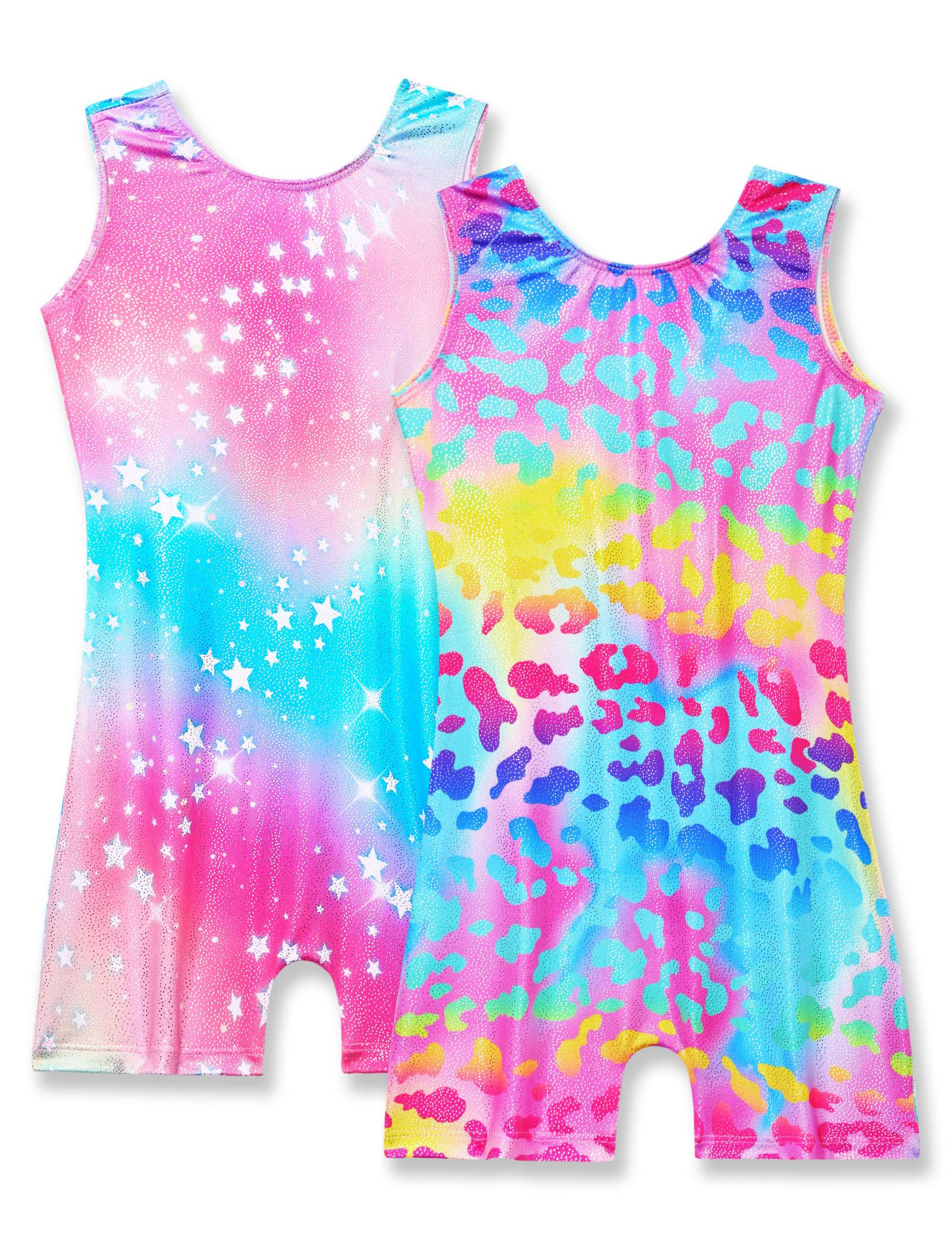Nymphperi 2 Packs Gymnastics Leotard for Girls Sparkle Biketards with Shorts Kids Sleeveless Unitard One-Piece Dancewear