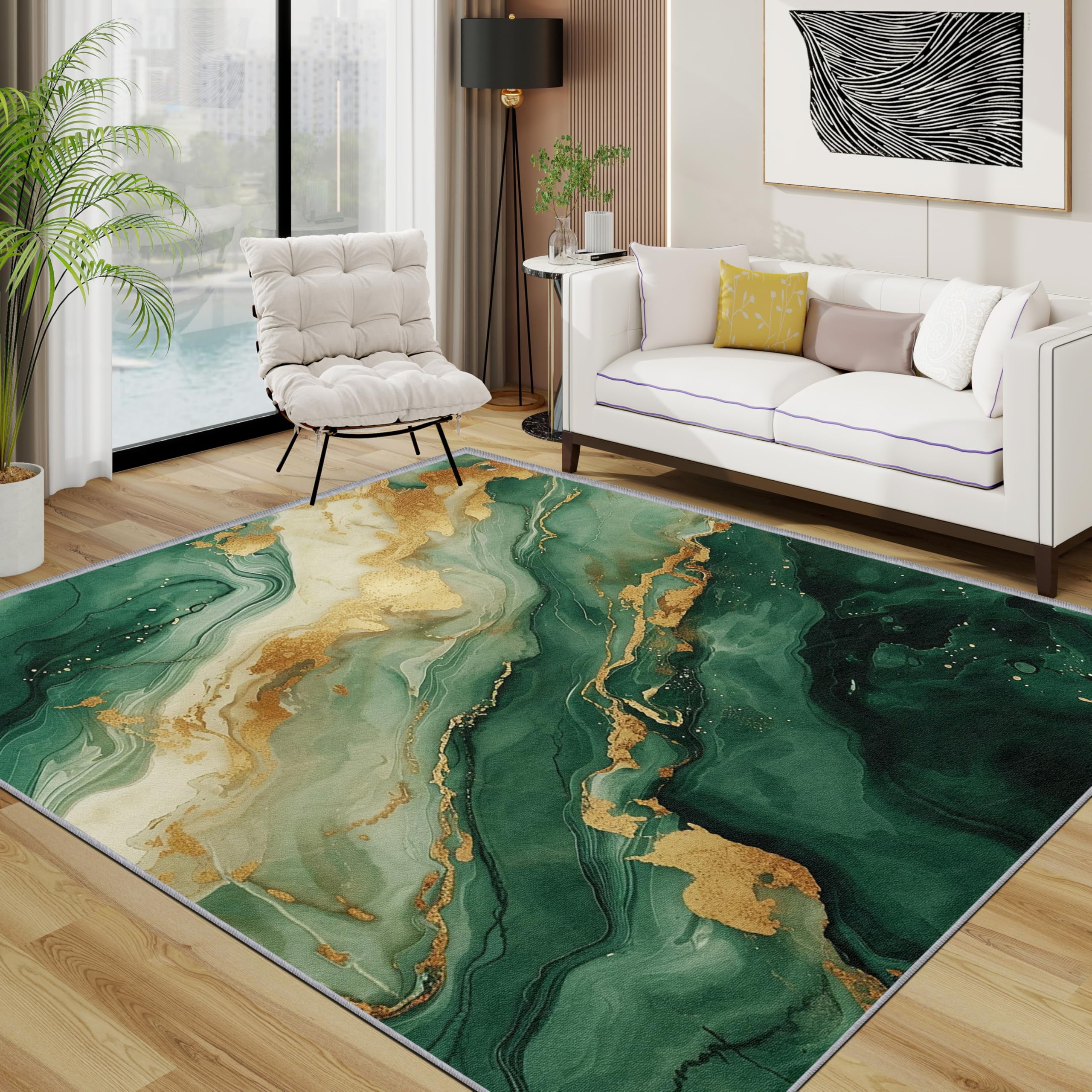 Marble Rugs Living Room Large 200x300 - Green Gold Abstract Modern Bedroom Rug, Luxury Washable Non Slip Low Pile Carpet, Marble Home Decor