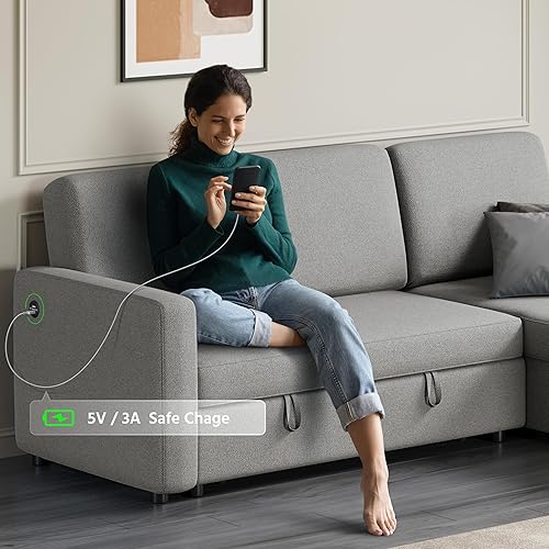 Miniatura 5 de Yaheetech Sofá modular en forma de L con diván y USB, sofá cama reversible con cama extraíble y espacio de almacenamiento, sofá convertible de tela