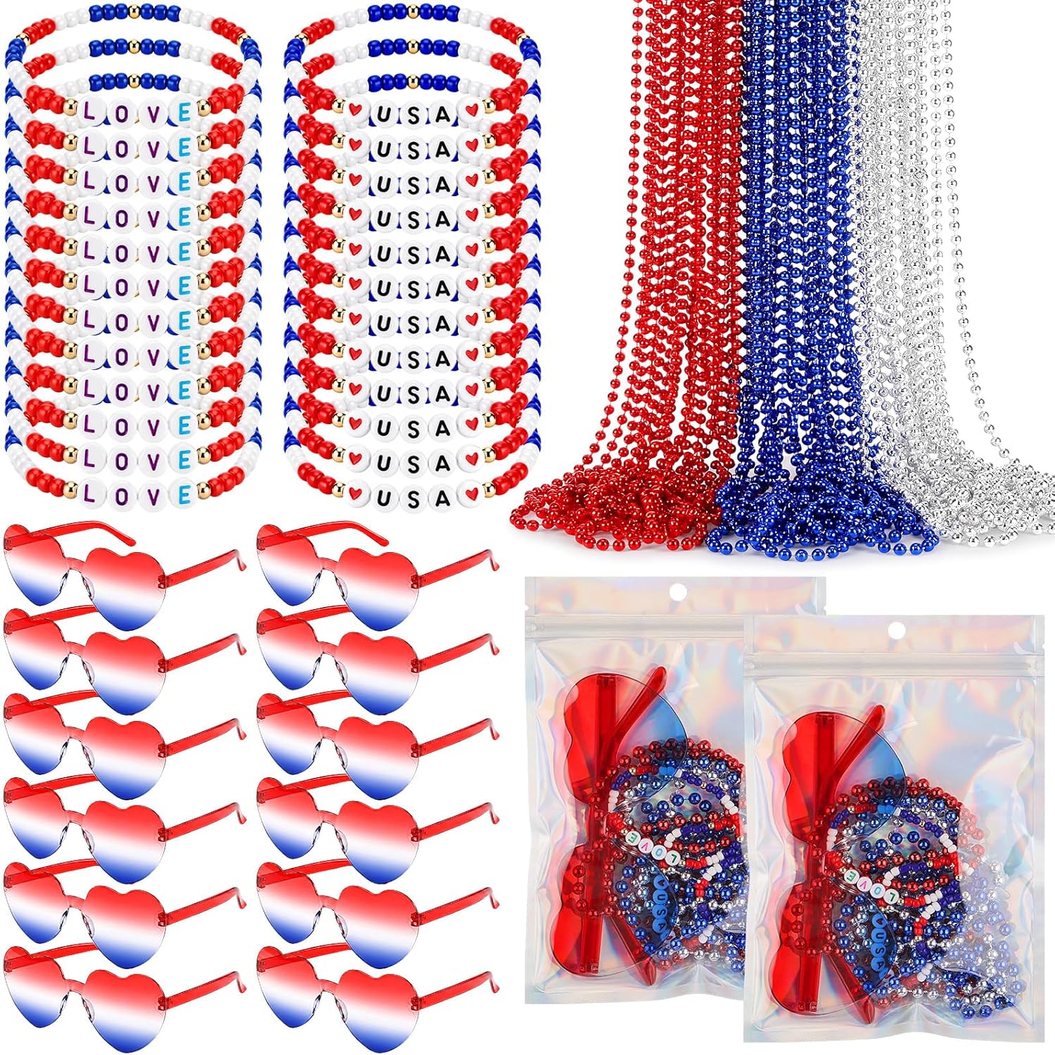 Flutesan 84 Pcs 250th Anniversary Party Favor 36 Red Blue Silver Necklace 24 Love USA Bead Bracelet 12 Sunglasses and Gift Bag for Independence Day American Patriotic Parade Celebration Favors (Heart)